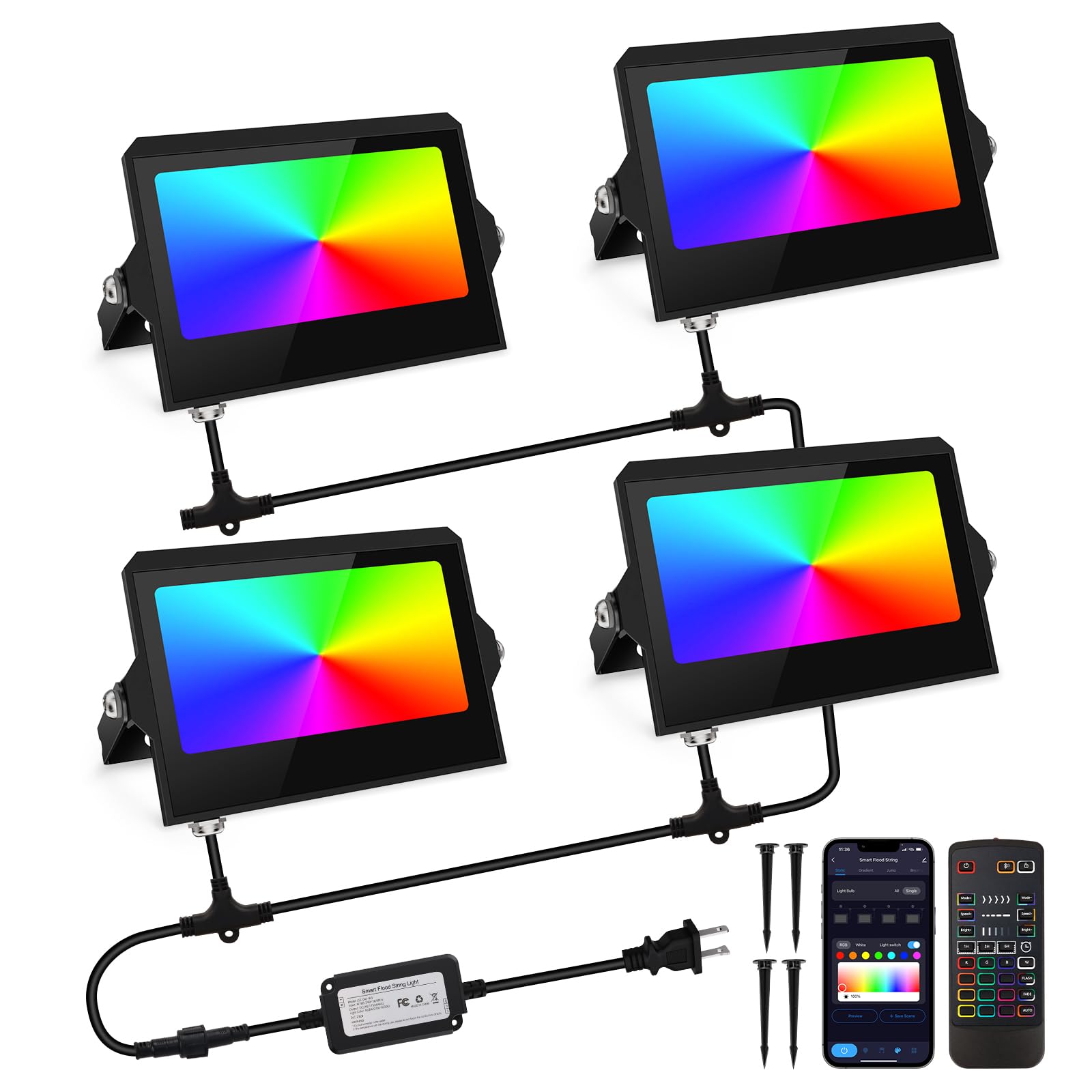 LED Flood Light Outdoor, RGBW Floodlight App / Remote / Voice Control, IP66 Waterproof 300W Equivalent Uplight, DIY Scenes/Timin
