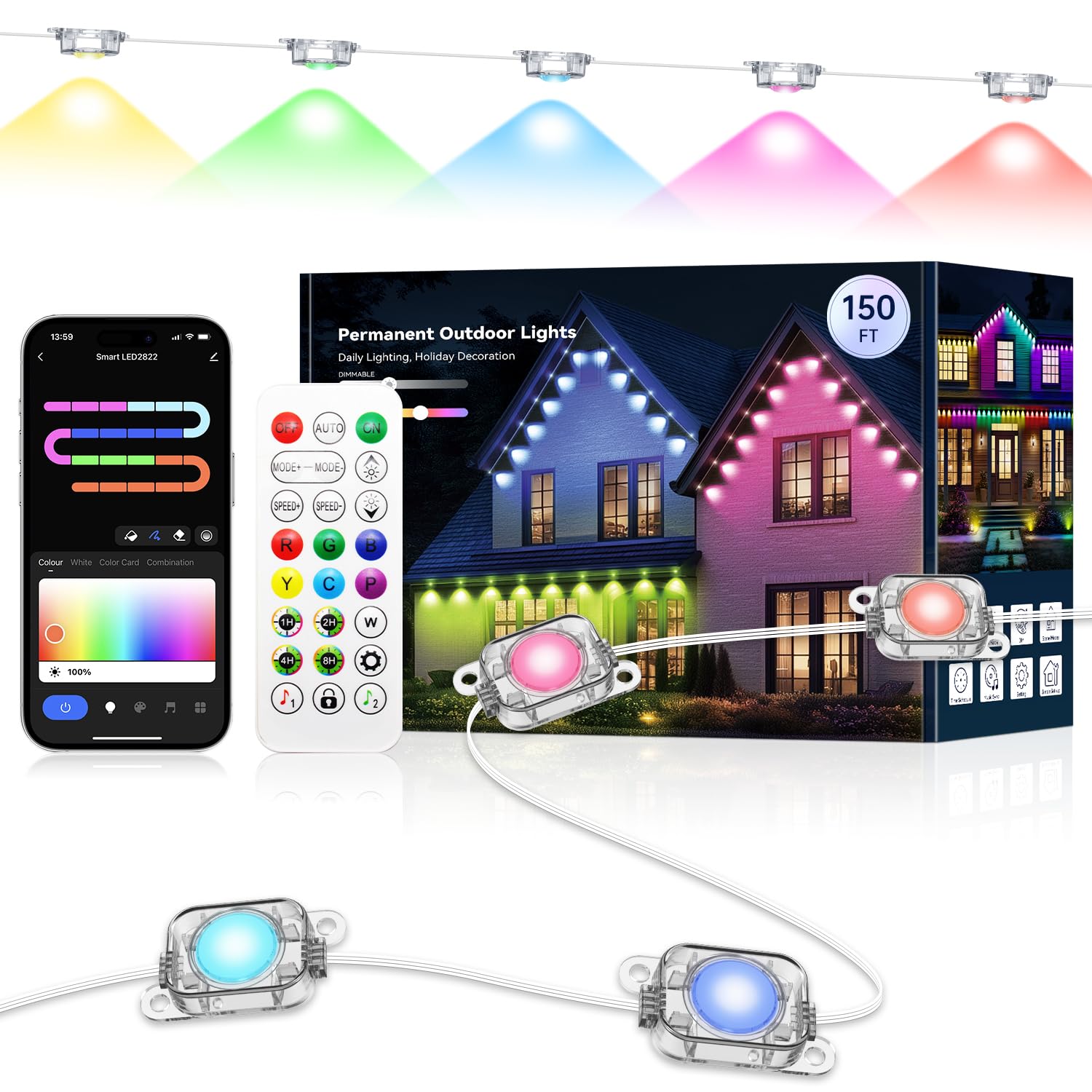 lemonlovely Permanent Outdoor Lights, 150ft, IP67 Waterproof, RGB & White, Smart LED Decor, Model 2323