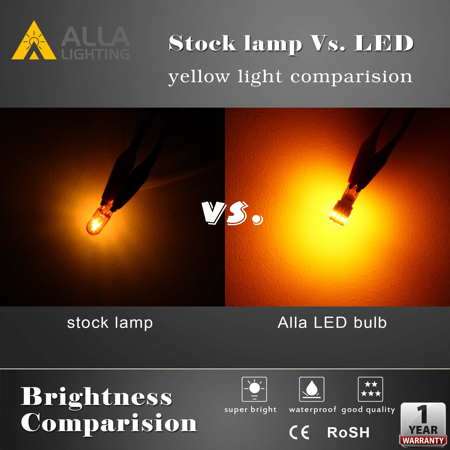 Alla Lighting T10 Wedge LED Bulbs, Amber Yellow, 3014 18-SMD, 12V Replacement for Cars and Trucks