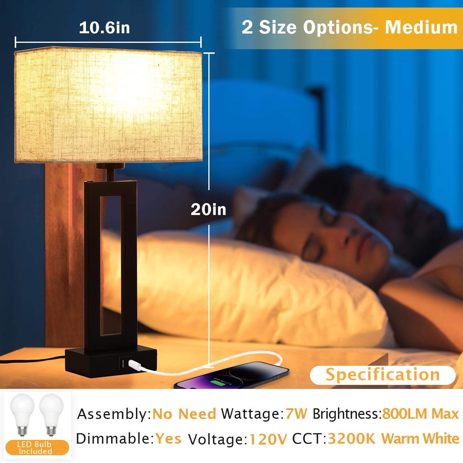 MoMyofdy 3-Way Dimmable Touch Lamps - Set of 2 Nightstand Lamps, Cream-Warm White, 20IN, Model QL5166W-M