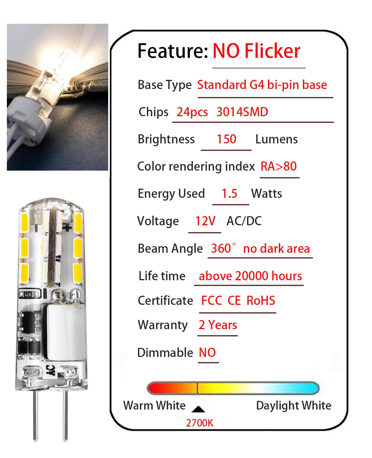 Joutameili G4 LED Bulb 1.5W Bi-Pin Natural White 4000K Replacement for 10W/20W Halogen, No Flicker, Silicone Rubber