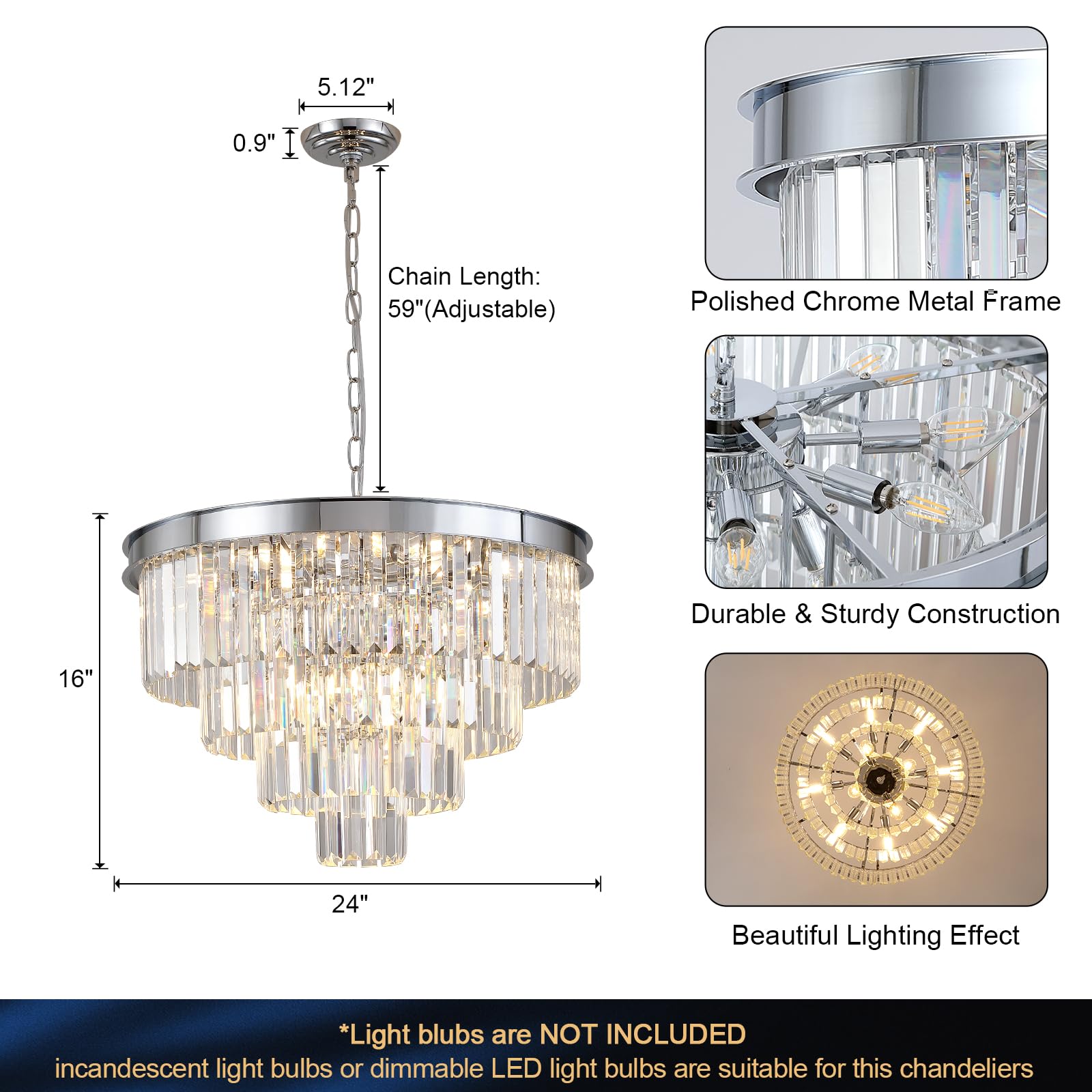 A Axilixi Chrome Crystal Chandelier 24” Modern Chandelier For Dining Room Round Ceiling Pendant Light Fixture 4 Tiers 12 Lights Luxury Large Chandelier For Entryway Living Room Bedroom