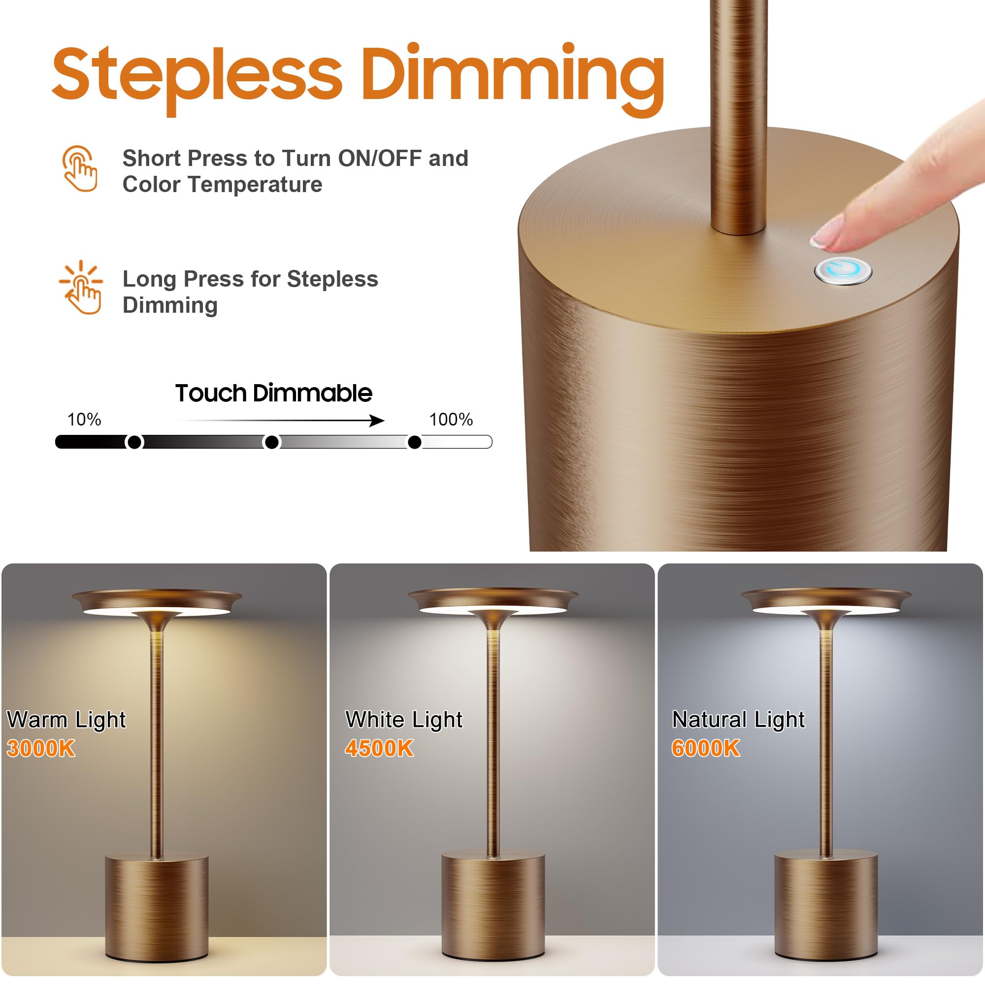 Sikevht Cordless Table Lamp, 6000mAh Rechargeable, 3 Color Dimmable, LED Light, Aluminum, Bronze, Model S823