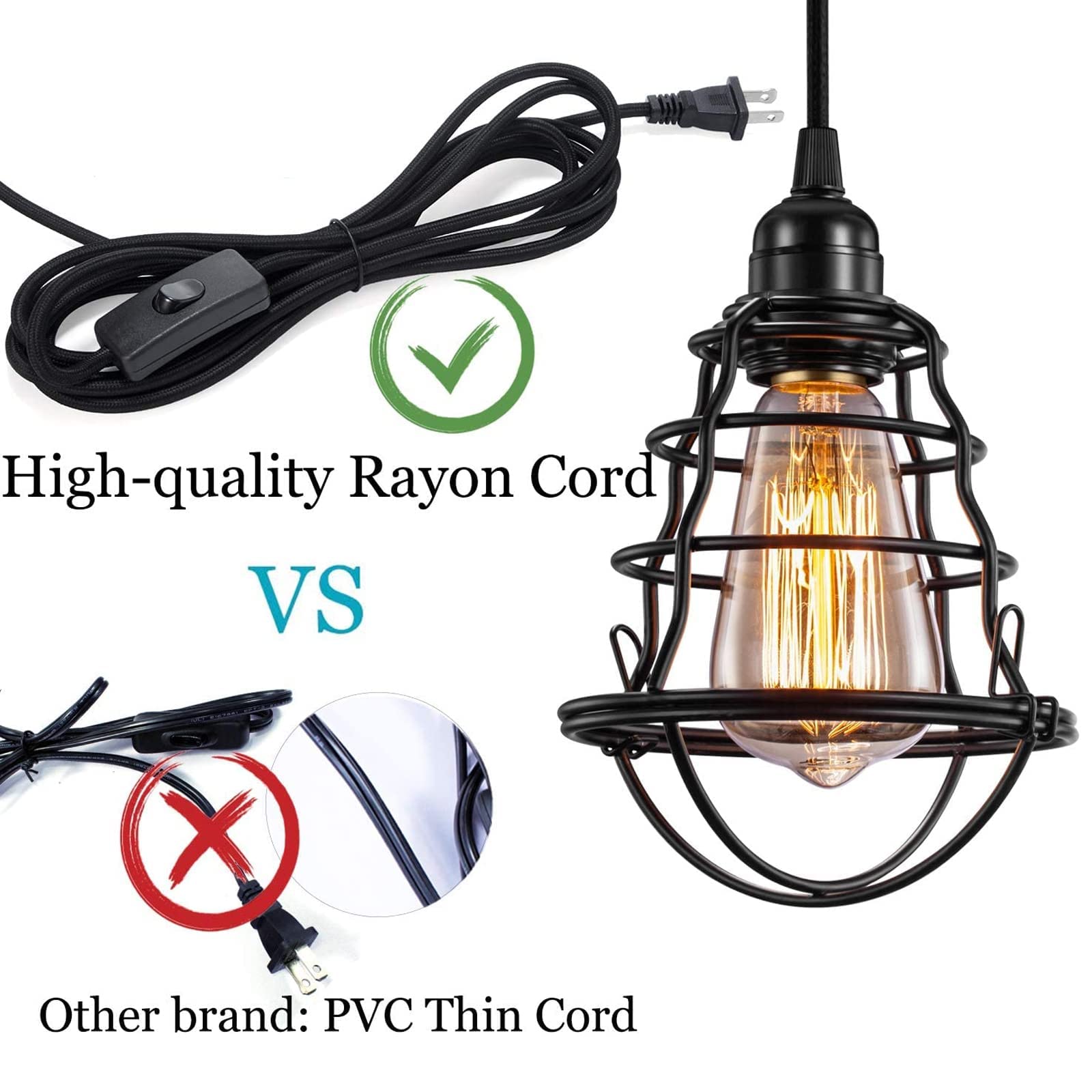 Asnxcju Vintage Pendant Light, Metal Hanging Cage with Plug in Cord, E26/E27, On/Off Switch, 1 Pack