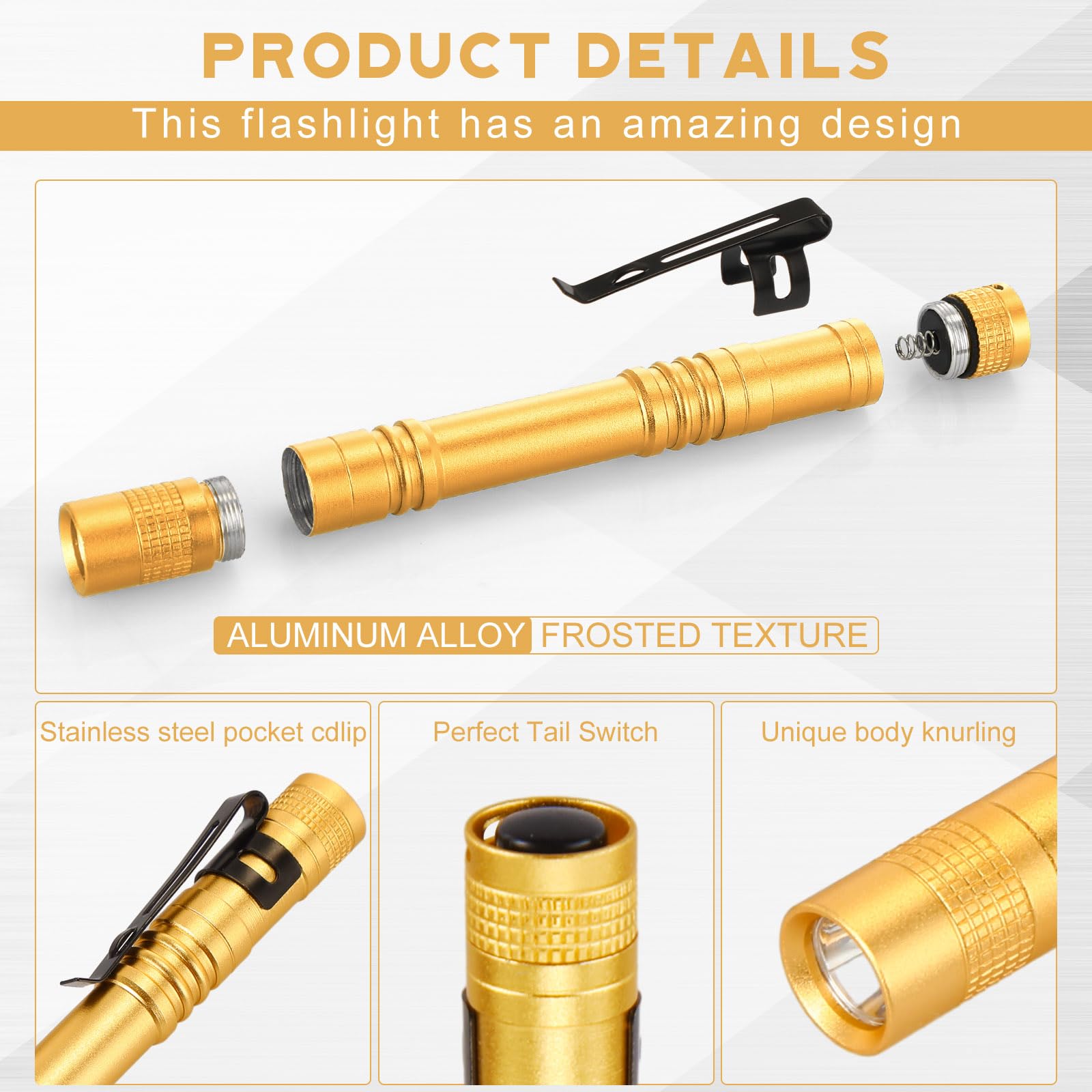 Hortsun Mini Pen Light Flashlights, 5.12 Inch, Yellow, LED, Aluminum, 20 Pcs Gifts for Fathers Day, Pocket Size with Clip