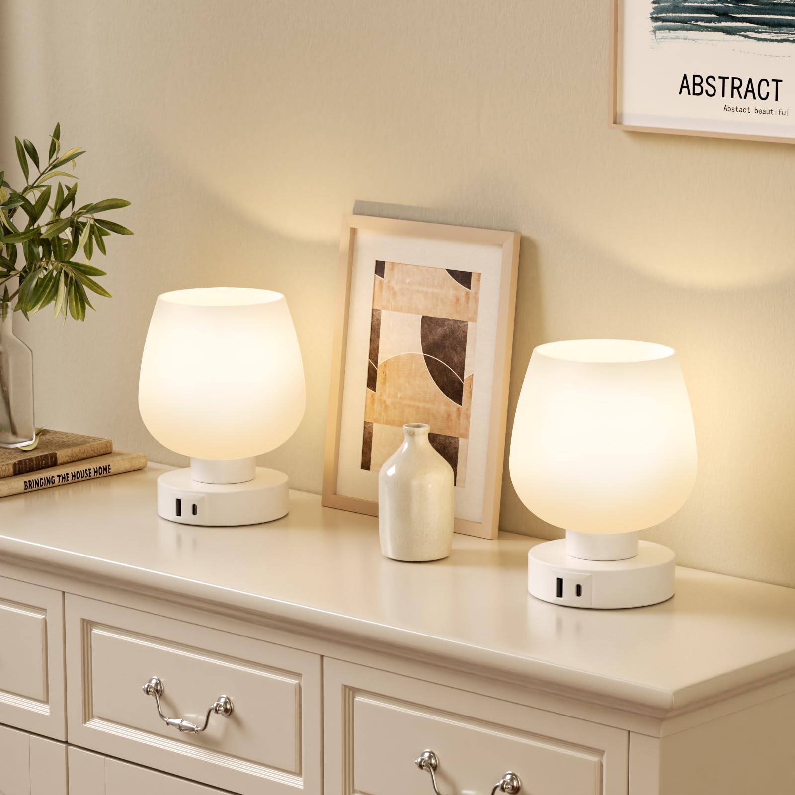 Touch Table Lamp For Nightstand Set Of 2 - Bedside Lamp With Usb C+A Charging Ports For Bedroom Living Room Night Stands, Desk L