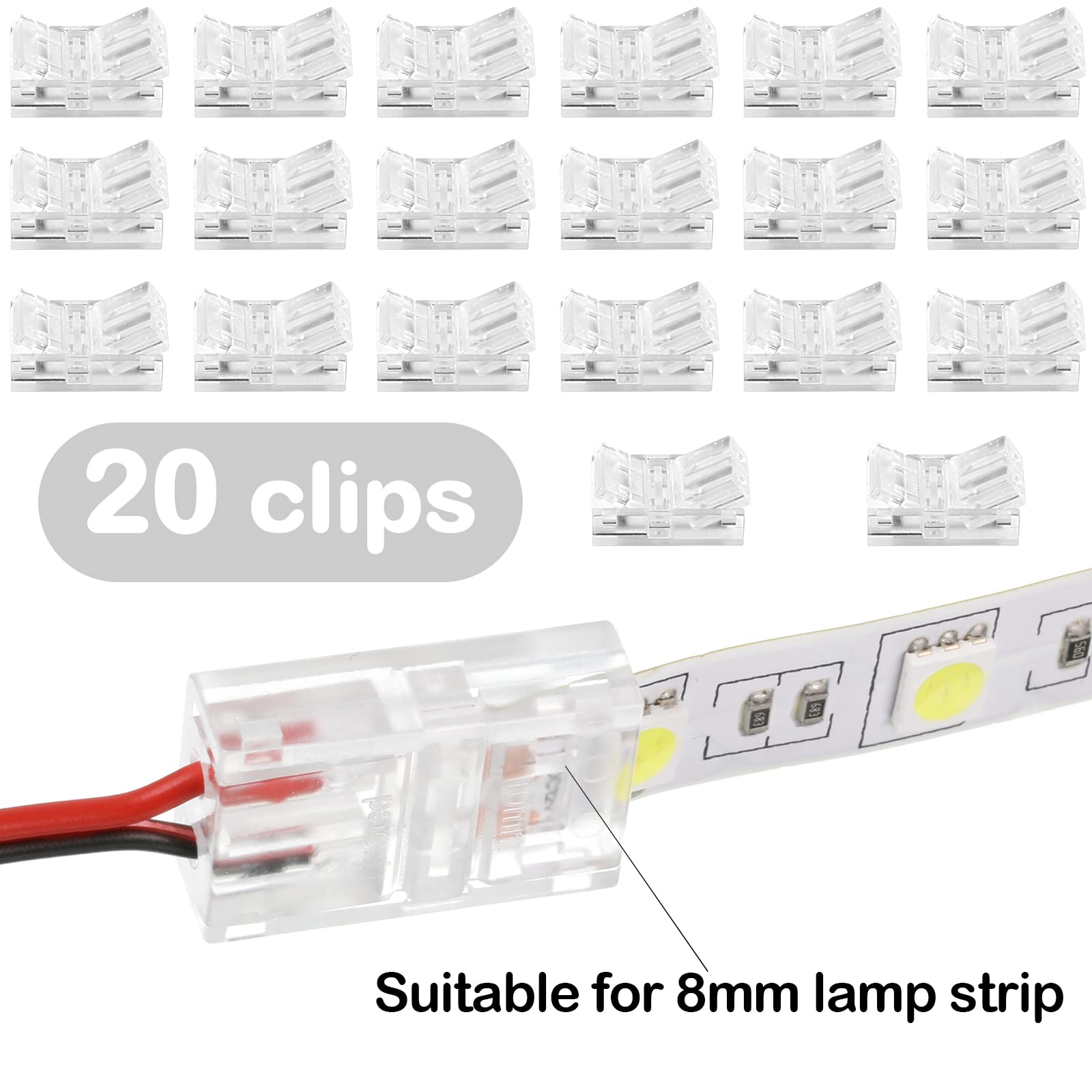 Flutesan RGB LED Light Strip Connectors, Waterproof, 2 Pin, 8 mm, Transparent, Solderless