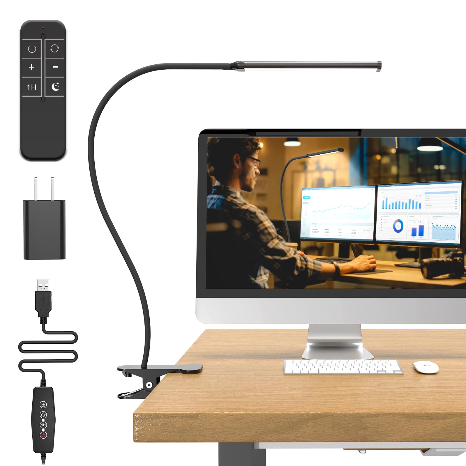 Mojimdo Desk Lamp With Remote, 3 Color & 5 Brightness & 77Led Dimmable Reading Lamp, 27.6'' Flexible Gooseneck Clamp Lamp, Eye-C
