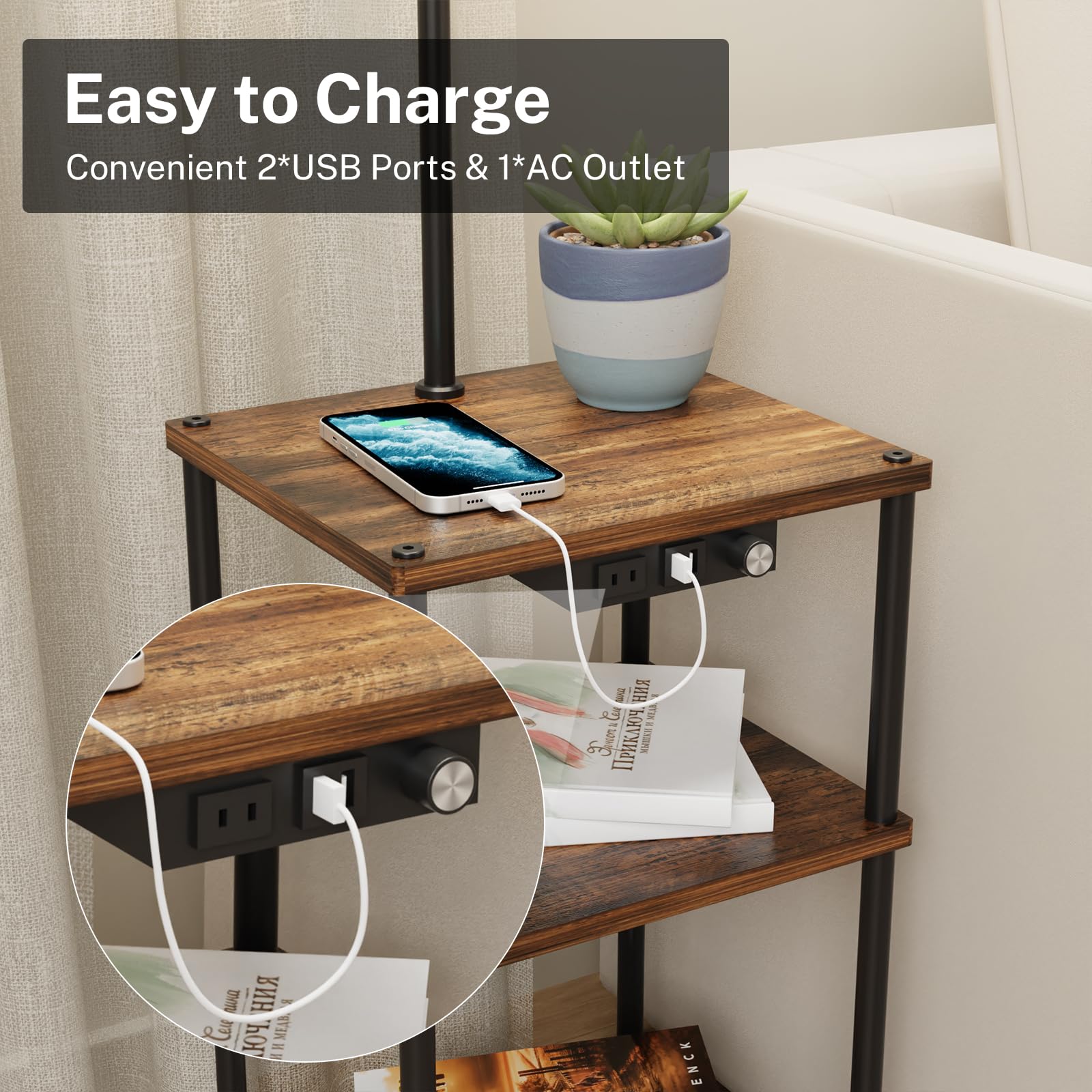 Pazarfami Floor Lamp With Table, Side Table With Usb Charging Port And Outlet, End Table With Floor Light For Living Room, Bedroom, Guest Room, Bulb Included (Black-2 Pack)