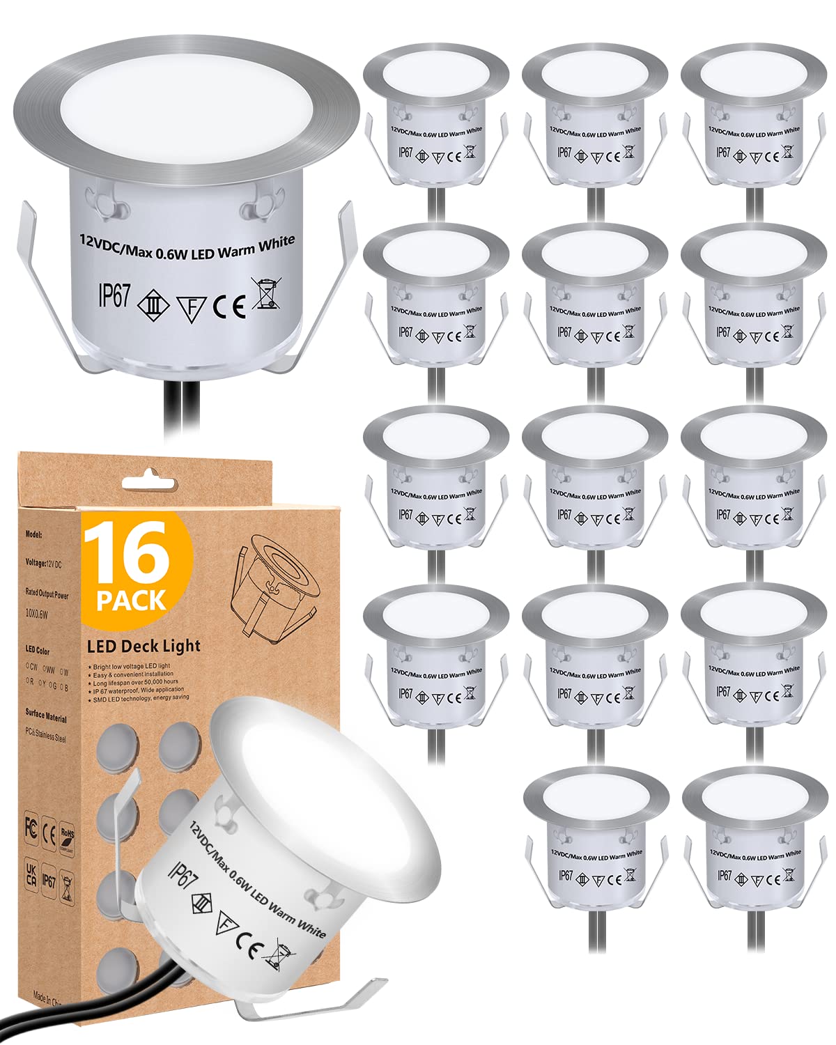 Hiboitec 16 Pack Recessed Led Deck Lights, 12V Waterproof Outdoor Stair & Step Lighting, White