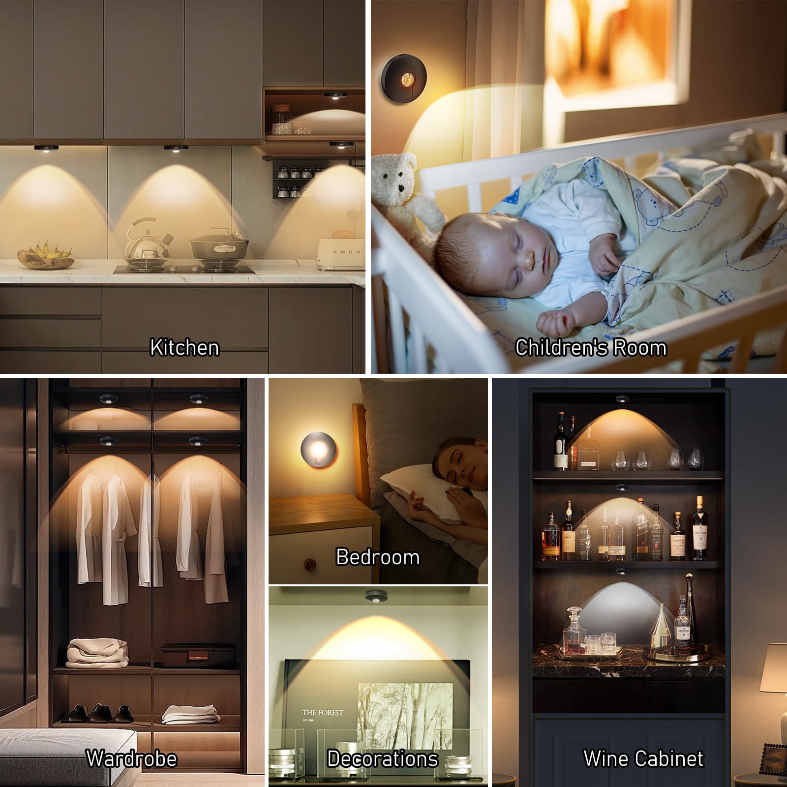 UNUSROOM Rechargeable Puck Lights, Dimmable LED Under Cabinet Lighting, Remote Control, Magnetic Mount, Black, Model T065