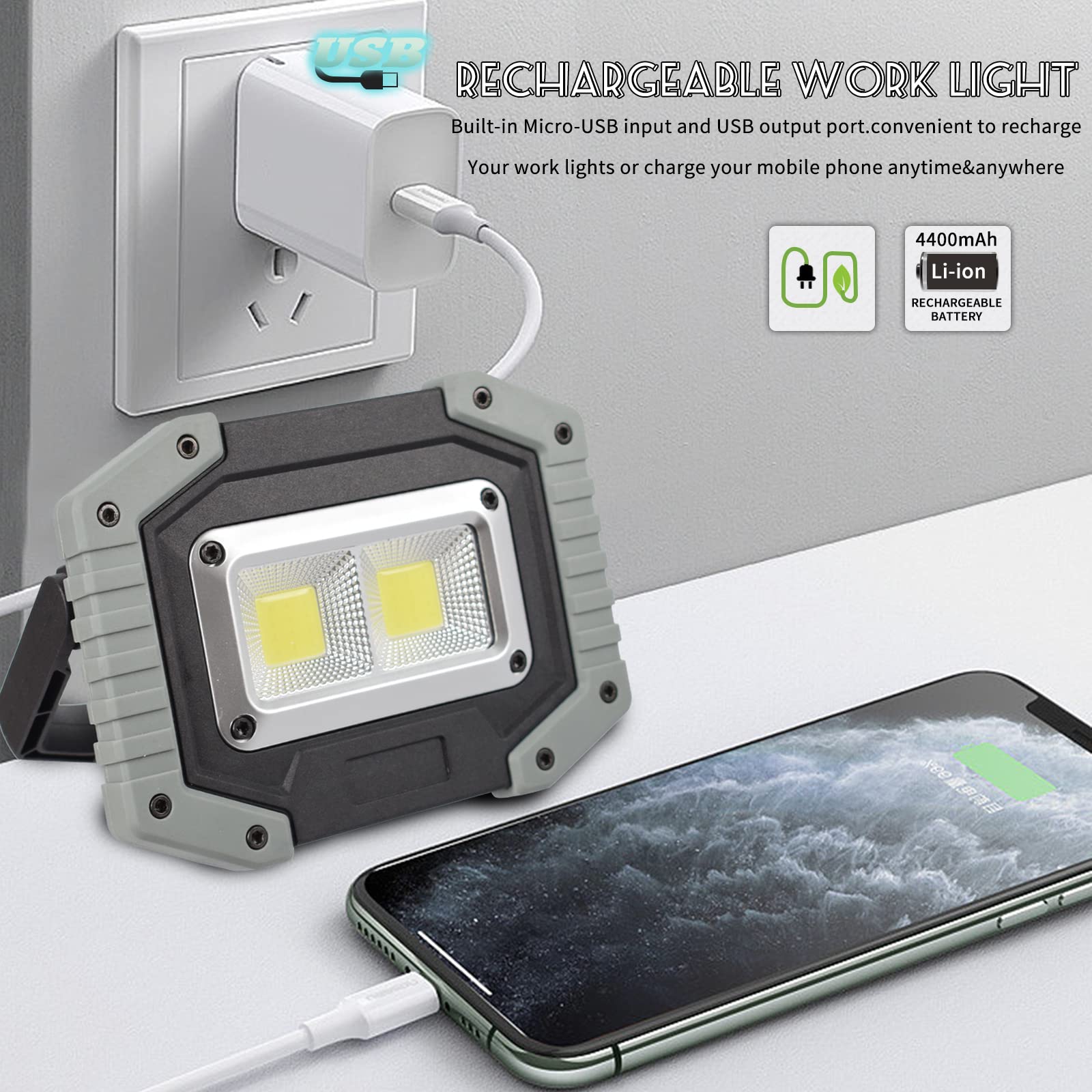 Otyty Work Light Rechargeable, Led Work Light Portable Flood Lights Magnetic Led Light For Outdoor Camping Hiking Emergency Car Repairing Job Site Lighting 2 Pack (W840 Grey)