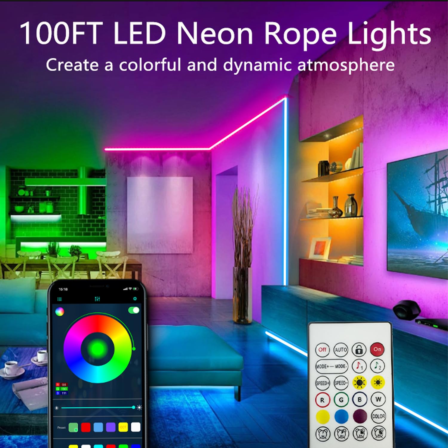 Bvokon Neon Rope Lights, 100FT (2 Rolls of 50FT), RGB LED, App/Remote Control, Waterproof, Flexible, Music Sync