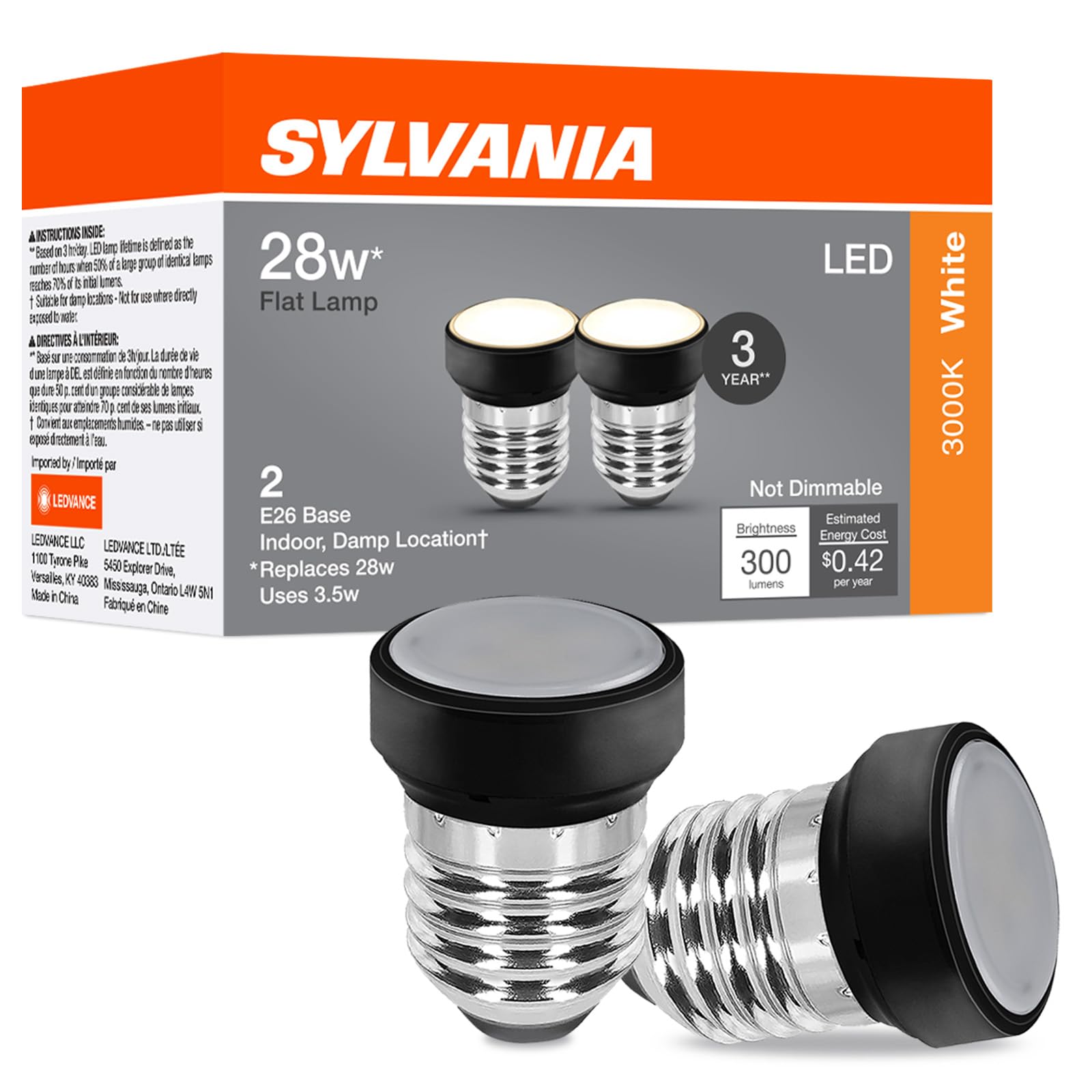 Sylvania Flat LED Light Bulb, 3.5W, E26 Medium Base, 300 Lumens, 3000K, Warm White, for Lamp Shades, Sylvania Shades 42704/42698