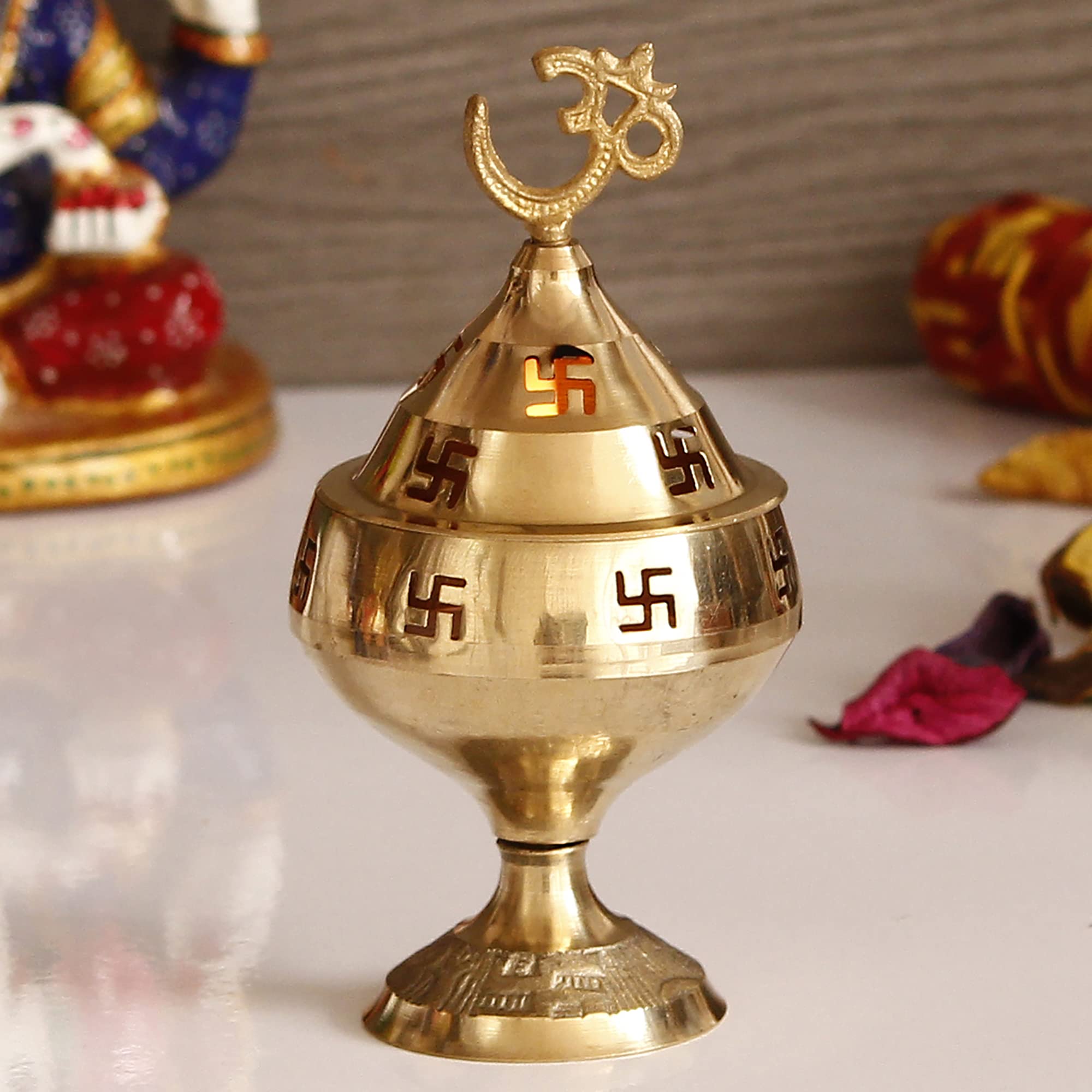 eCraftIndia Golden Om and Swastik Symbol Decorative Brass Diya - Auspicious Designer Akhand Diya for Puja Room, Home, Office, Te