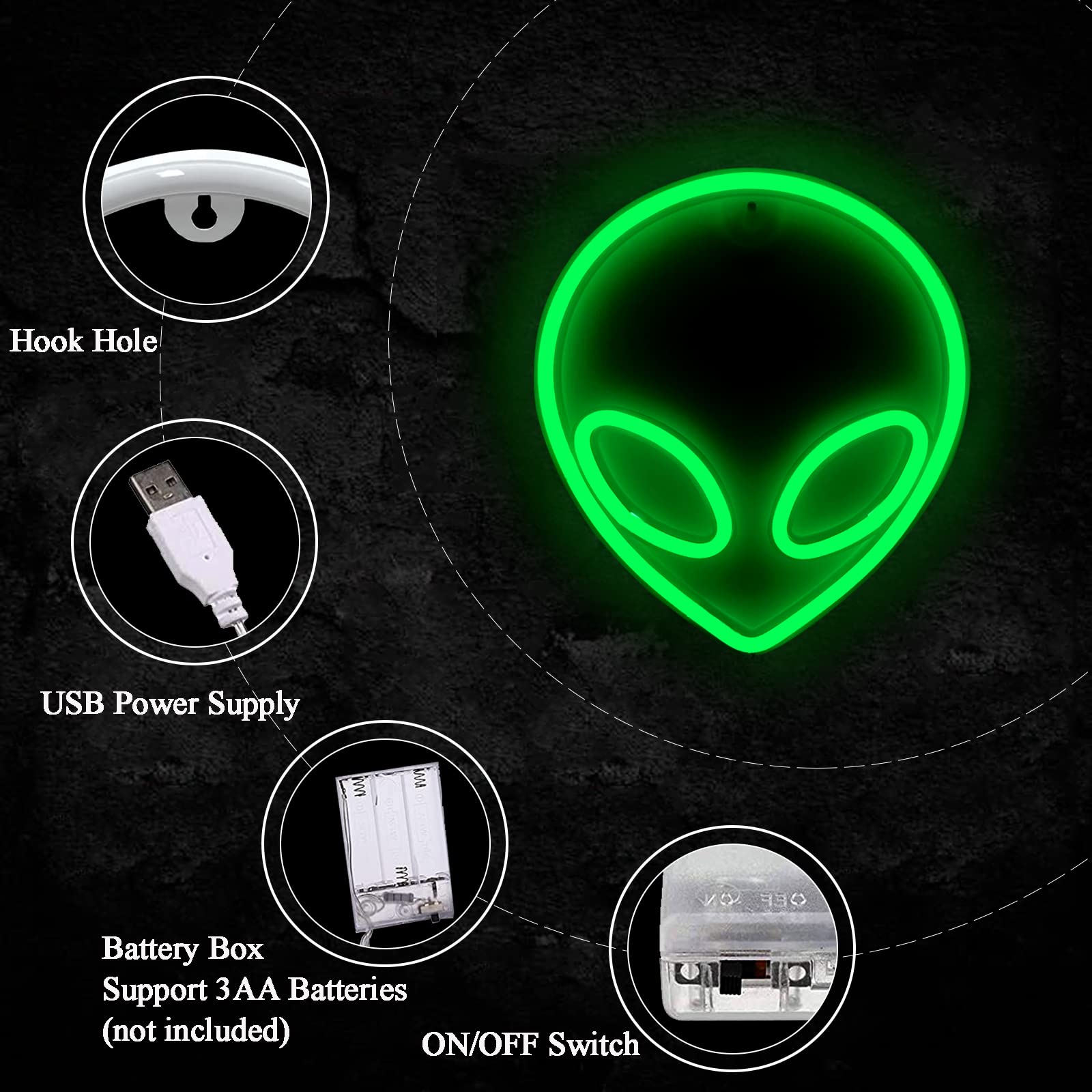 Nicethumb Green Led Alien Neon Sign - Usb/Battery Operated Wall Decor For Game Room & Bedroom