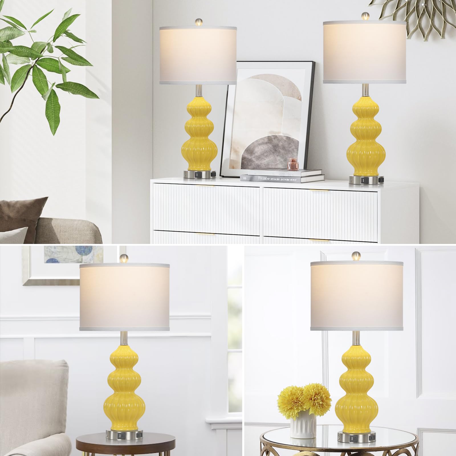 Rinweey Ceramic Table Lamps Set of 2, Modern Yellow Touch Control Bedside Lamps with USB Ports & AC Outlet for Bedroom Living Room