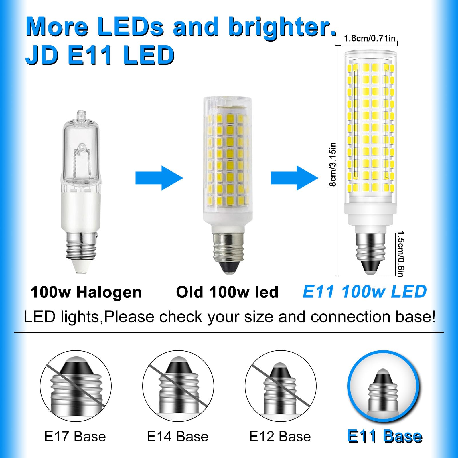 Megereet E11 LED Bulb 100W Equivalent, Dimmable Daylight White 6000K, 10W 1000LM, 2 Pack, JDE11, Plastic