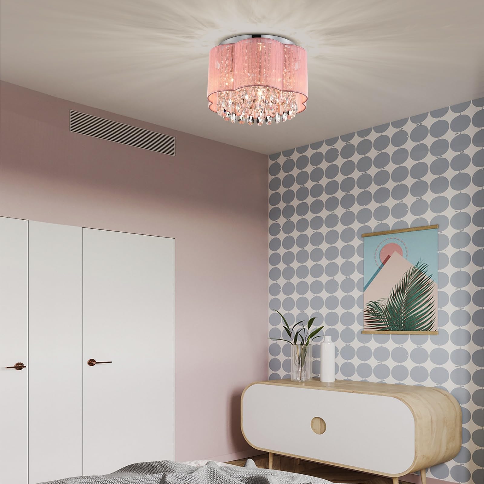 LaLuLa Pink Chandelier Ceiling Light Fixture, Crystal Flower Lampshade, 3 Lights, 11.8in Size, Model 17169PK-F for Bedroom, Nursery