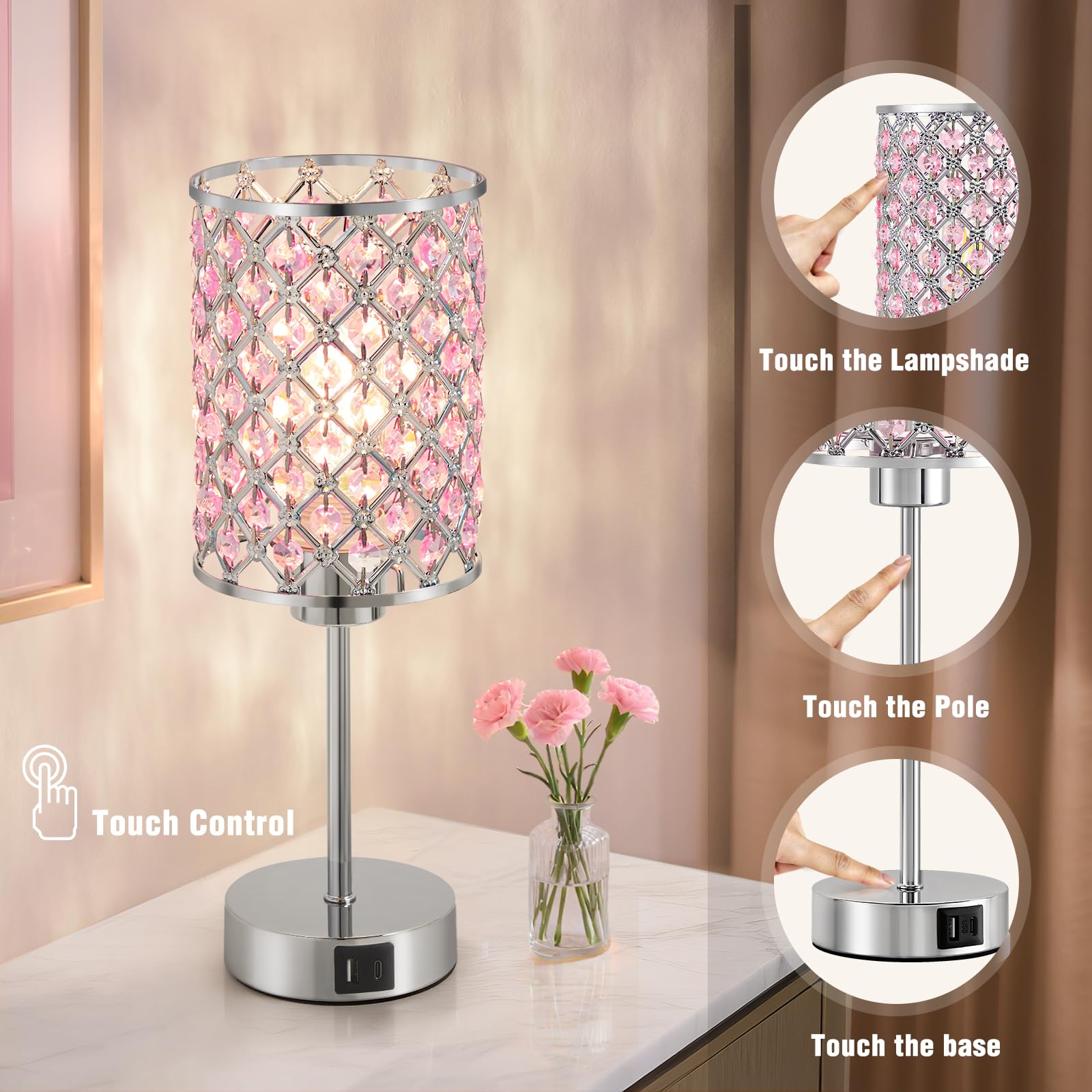 Pink Crystal Table Lamp, Touch Control Bedside Lamps With Usb-C+A Charging Ports, 3-Way Dimmable Nightstand Small Desk Lamp Set