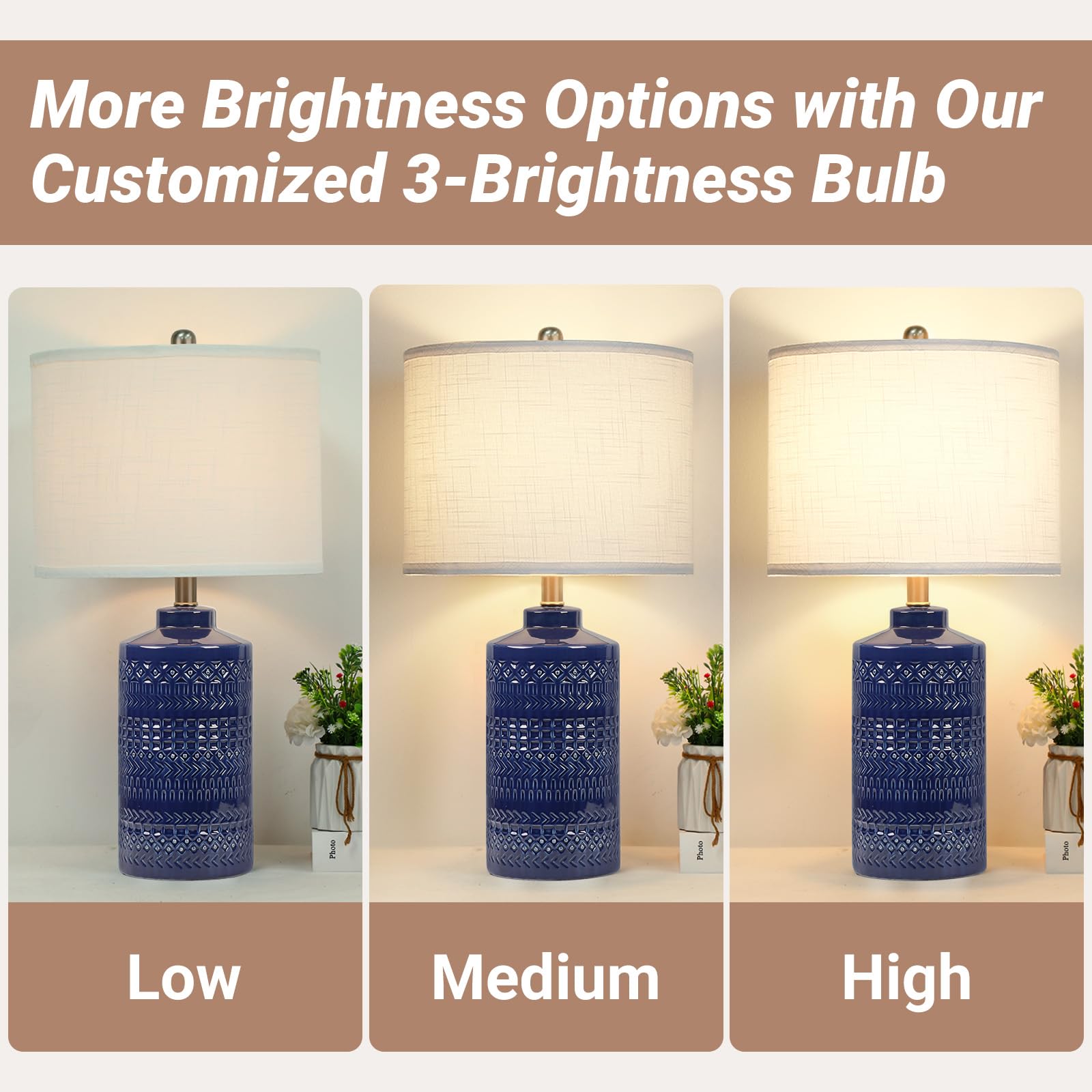 JUNNAI 24.5" Navy Blue Table Lamp - Modern Ceramic 3-Way Dimmable Bedside Light for Living Room, Nightstand, Home Office, Bulb Included