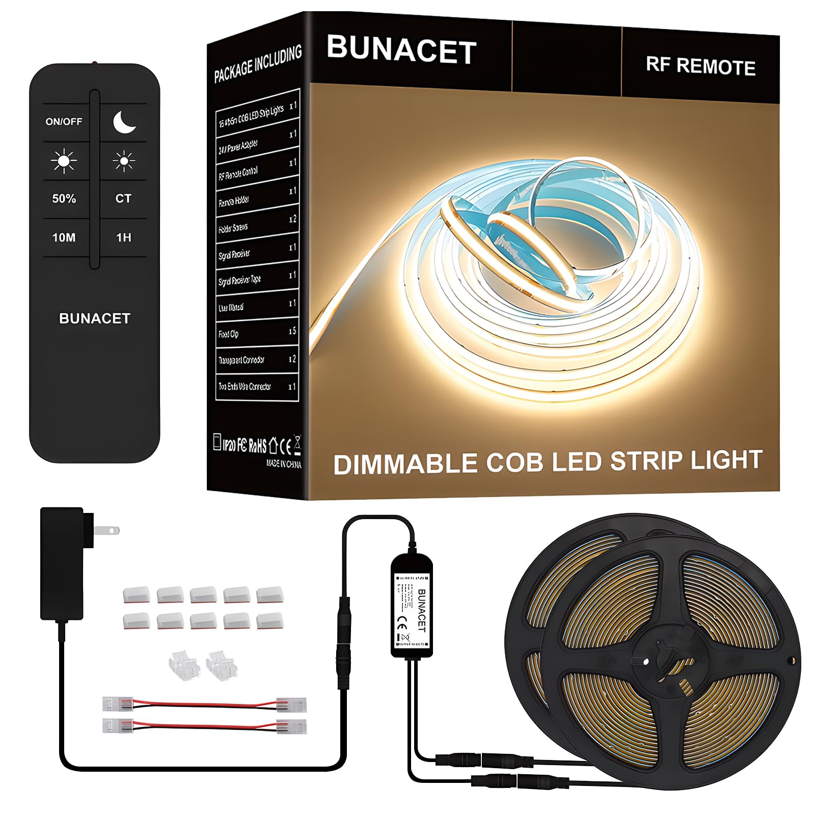 BUNACET COB LED Strip Lights 5760LEDs, 40FT 3000K Dimmable Warm White Bright LED Lights for Bedroom Counter Under Cabinet Kitche