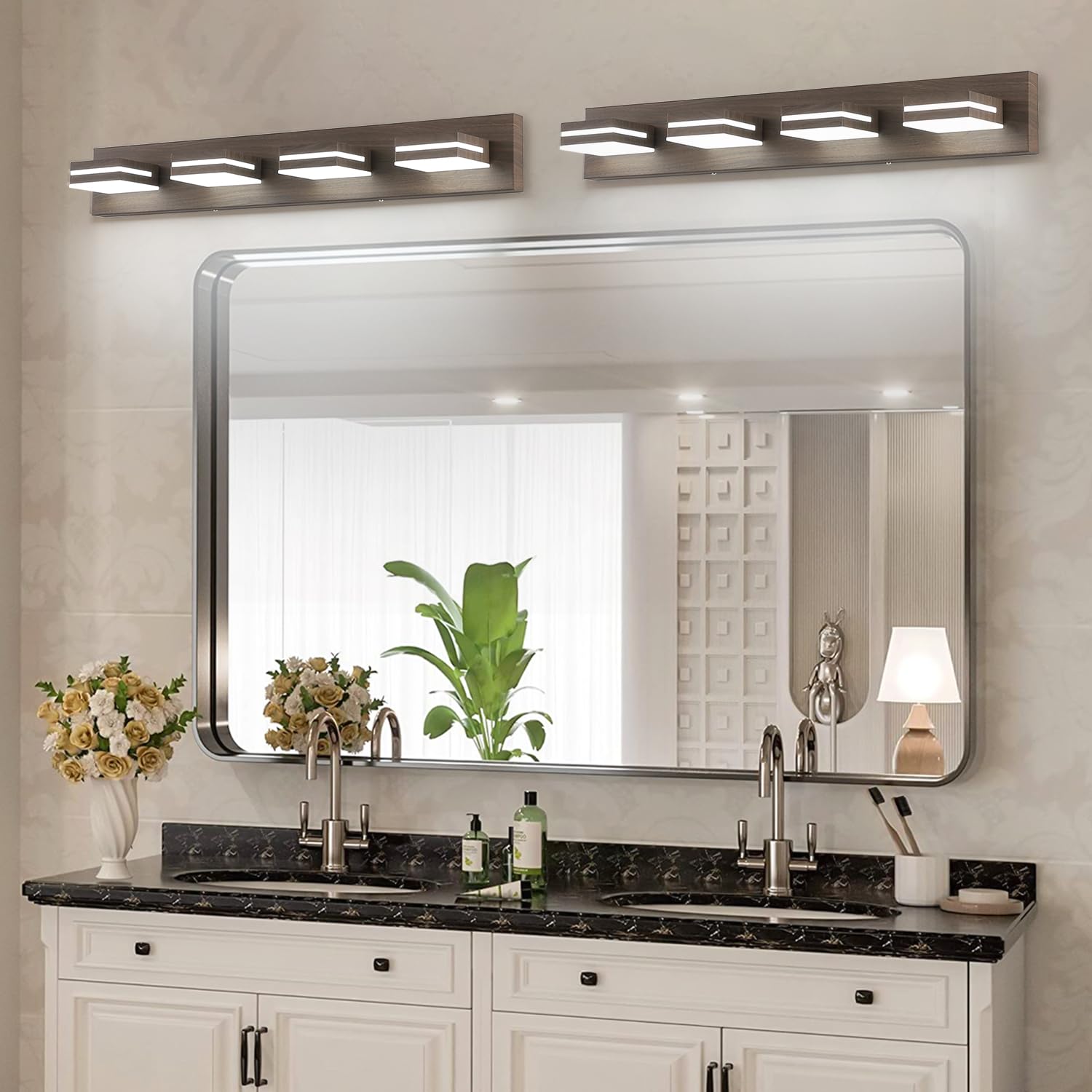 SineRise LED Bathroom Vanity Light - 4-Light, 30-Inch, Brown Wood, Stainless Steel, Cool White 6000K, Model c97a3430-f5af-4