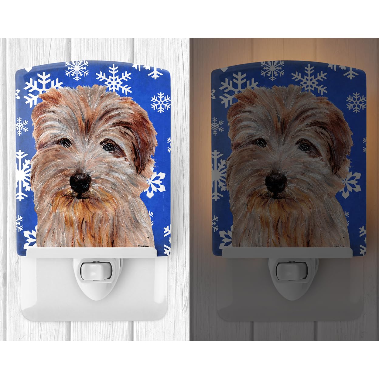 Caroline'S Treasures Sc9784Cnl Norfolk Terrier Winter Snowflakes Ceramic Night Light Compact, Ul-Certified, Ideal For Bedroom, Bathroom, Nursery, Hallway, Kitchen, 6X4X3, Multicolor