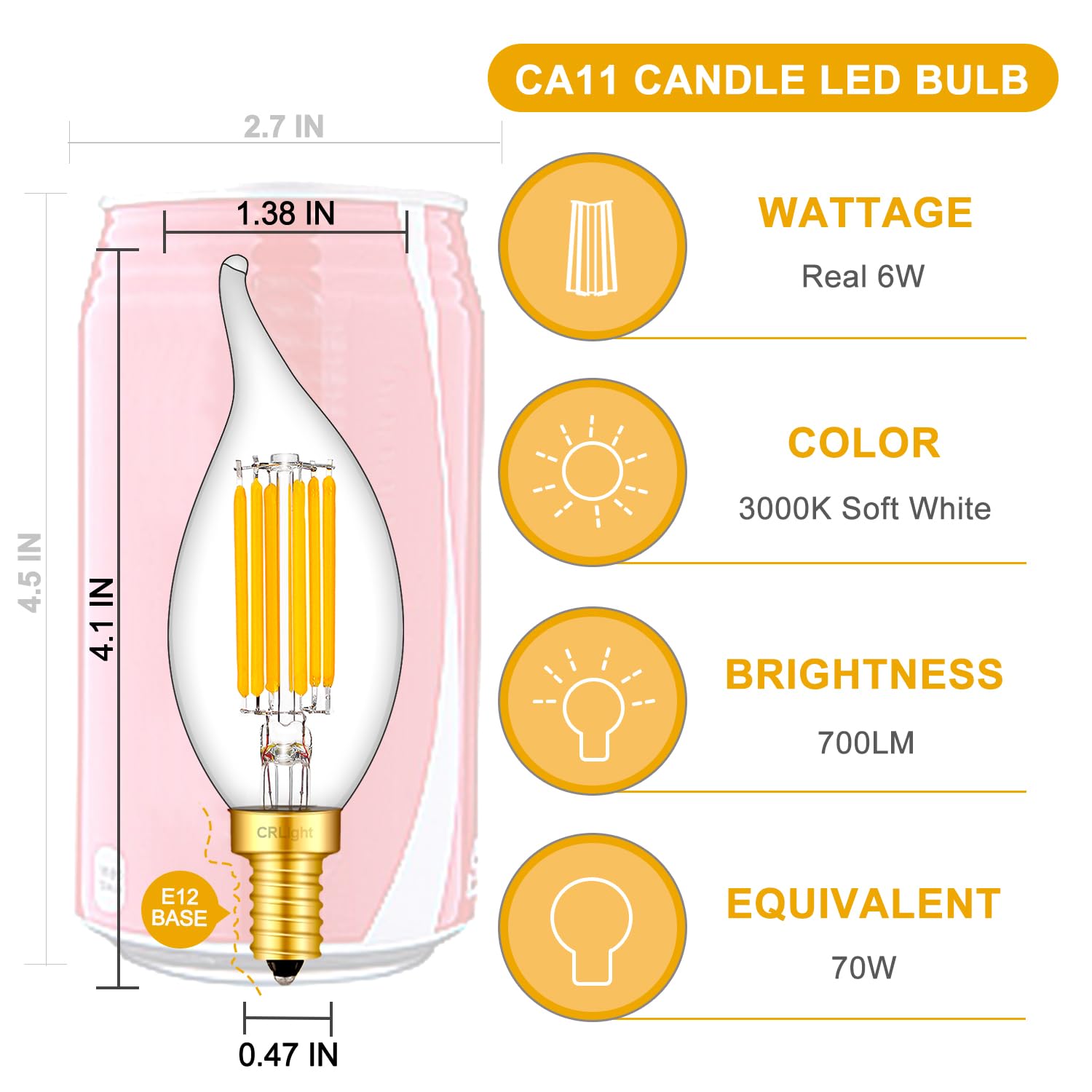Crlight 6W Led Candelabra Bulb, 3000K Soft White, Dimmable, 8 Pack, Antique