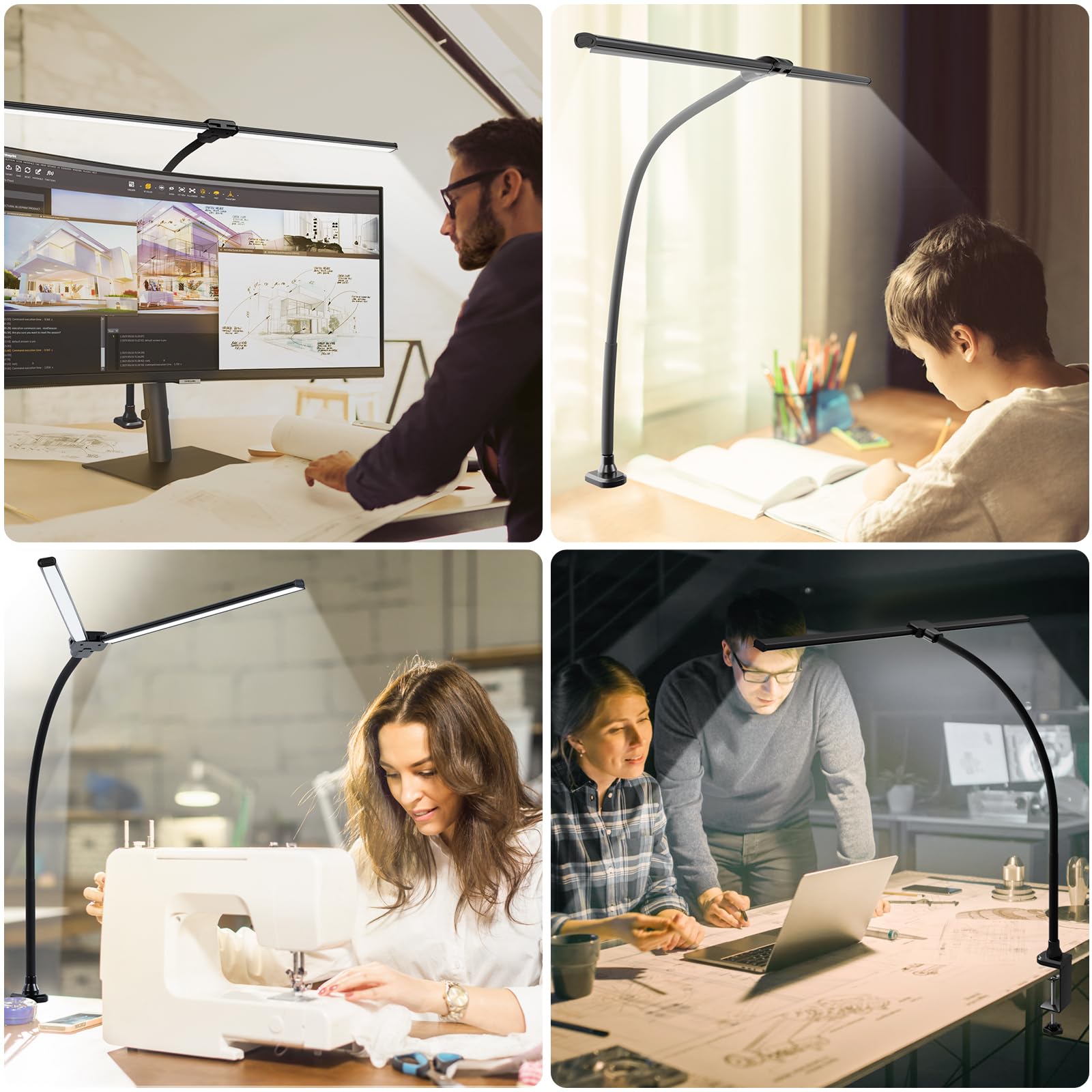 Shinetech Led Desk Lamp For Home Office, 3000K Warm White Double Head Architect Task Lamps With Clamp, Dimmable Adjustable Flexi