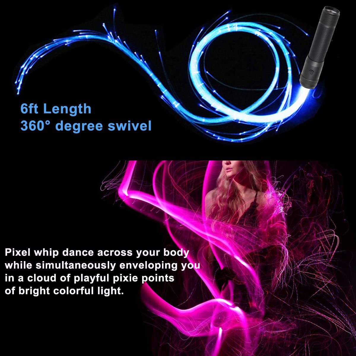 Fiber Optic Dance Whip Rechargeable, Azimom Space Whip 6Ft 360 Swivel 36Mode Pixel Flow Whip Rave Toy Light Up Whip For Party Da