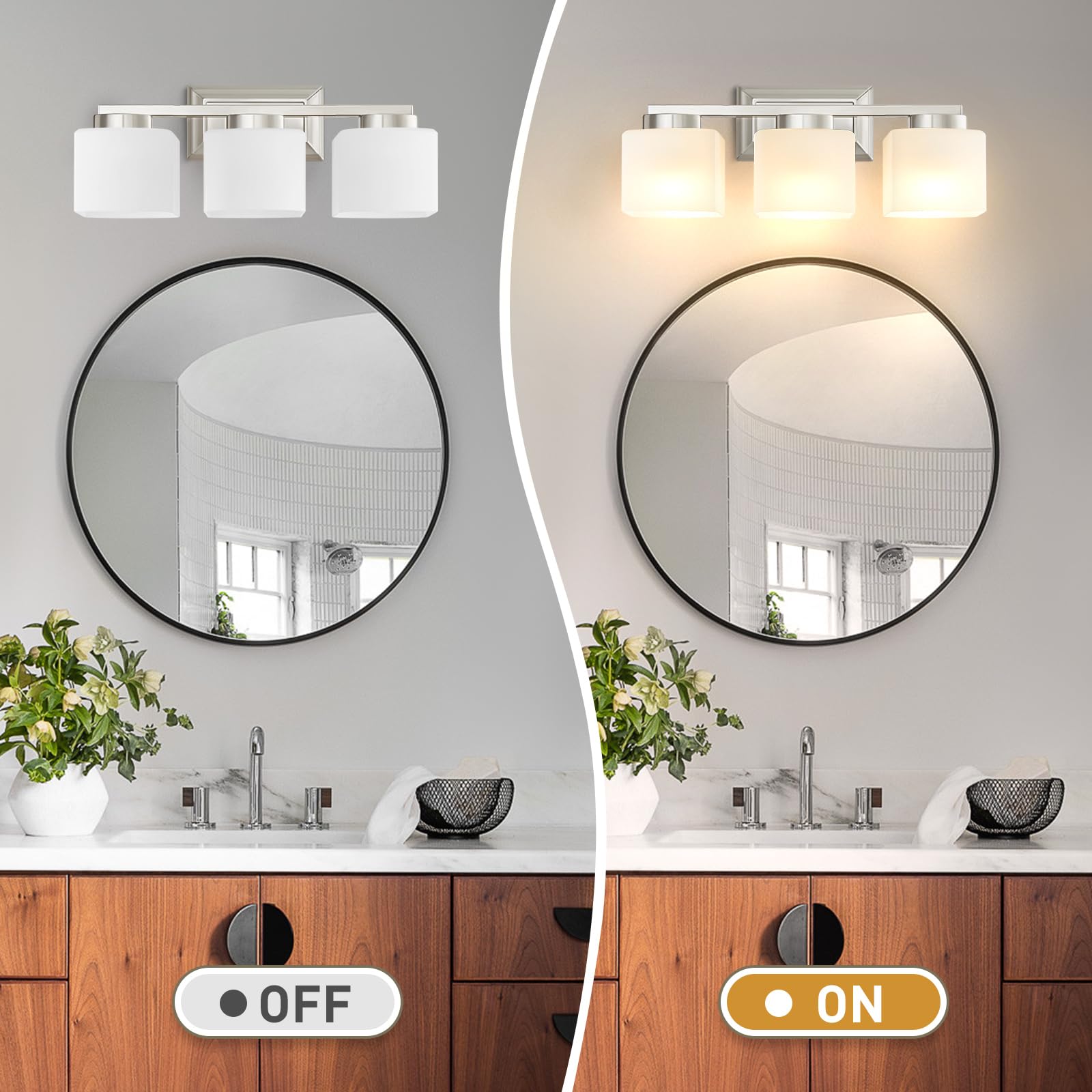 Ejiaxin 3-Light Bathroom Light Fixtures - Brushed Nickel Bathroom Vanity Lights With Glass Shade Modern Bathroom Lighting Fixtures Over Mirror - Wall Sconce Lamps For Bedroom Living Room Hallway