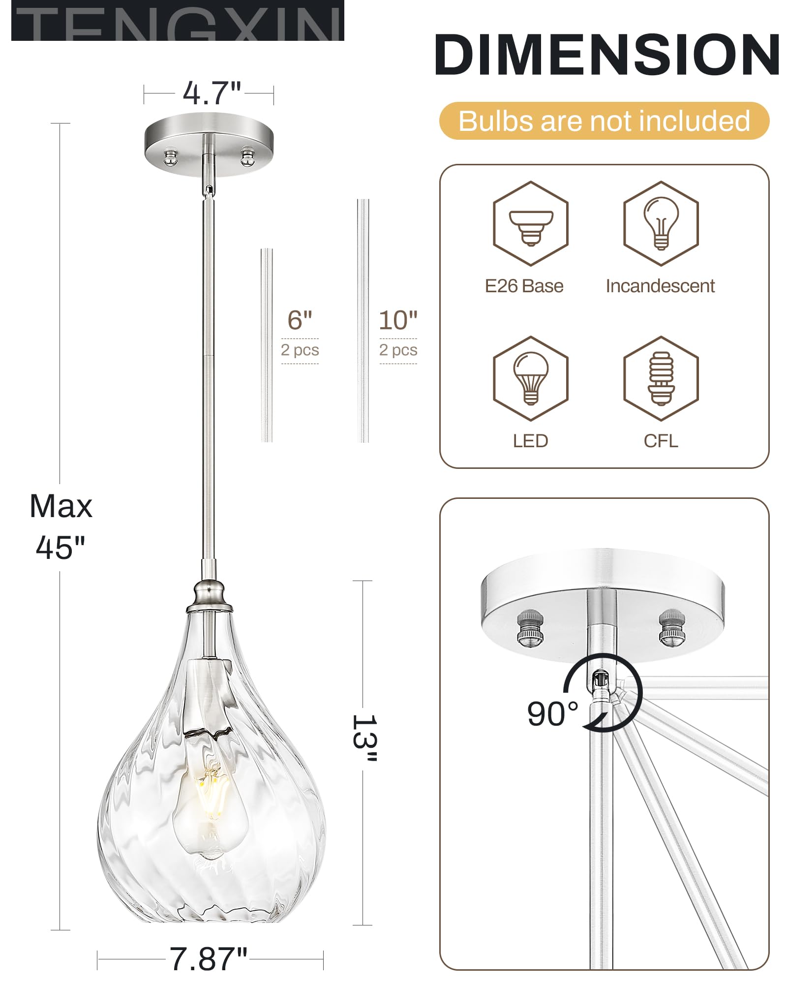 TENGXIN 8 Inch Brushed Nickel Hammered Pendant Light for Kitchen & Dining Room, Model TXPLBN12-L