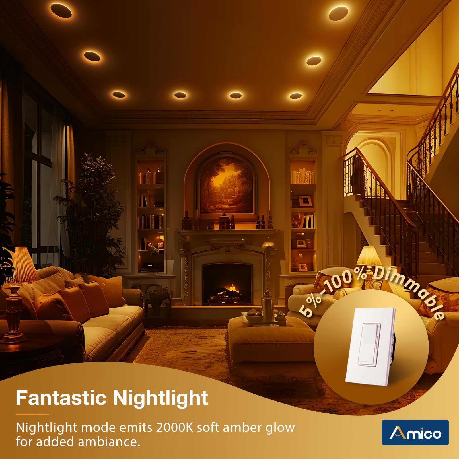 Amico 4 Pack 6 Inch LED Recessed Ceiling Light, 5CCT Dimmable, Ultra-Thin, 12W=110W, White, ETL&FCC Certified
