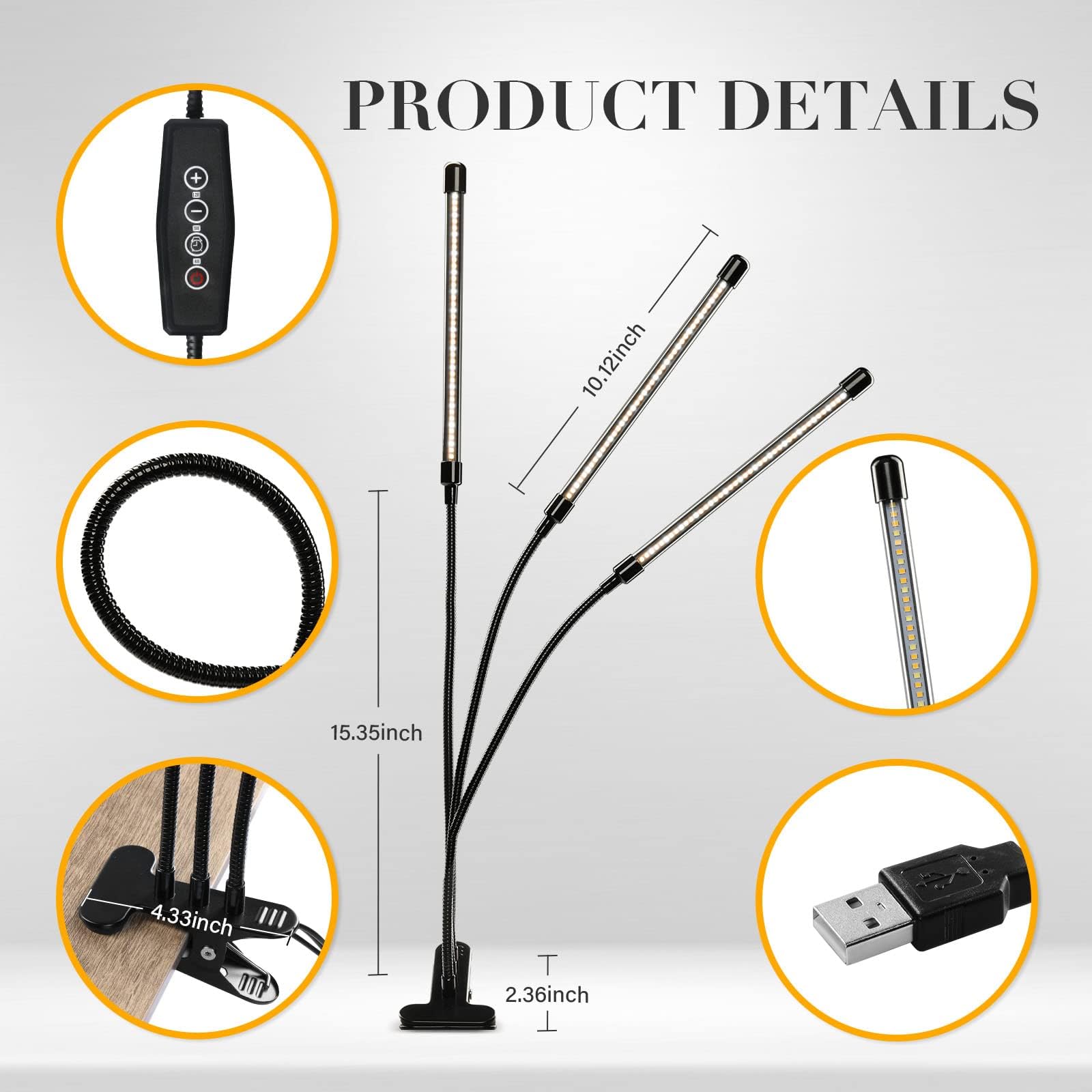 iPower Grow Light Plant Lights for Indoor Plants, Full Spectrum Growing Lamp, 5 Dimmable Levels Auto ON & Off with 4/8/12H Timer