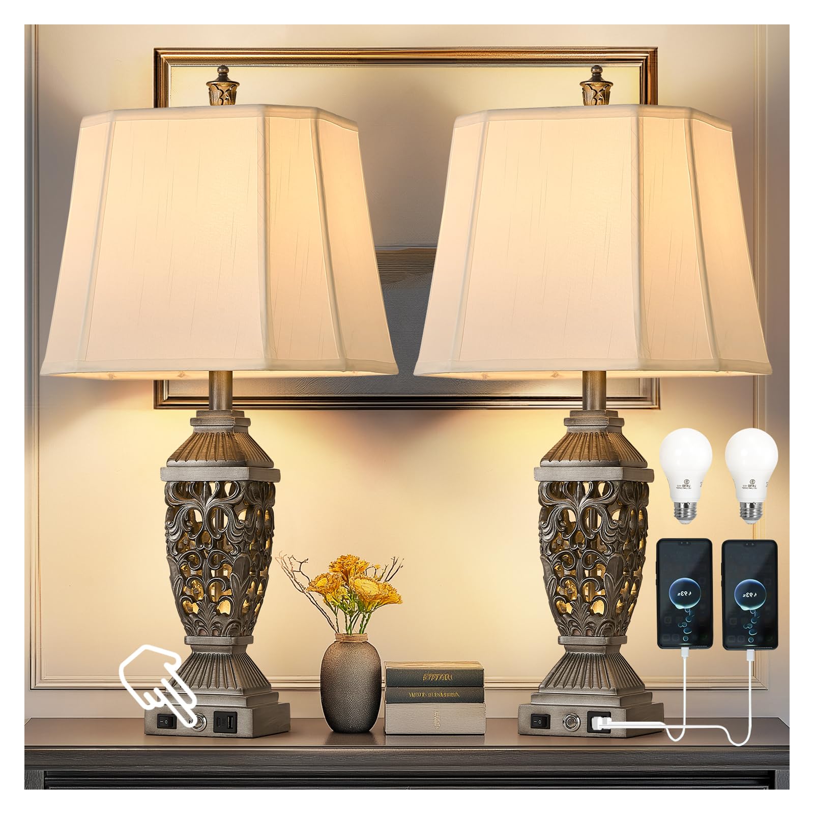 AIDENOEY Farmhouses Table Lamp with USB & USB-C Charging Ports  3-Color Dimmable & Stepless Bottom Dimming  Touch Control & Switch  Vintage Bedside Lamp for Bedroom Living Room Office (27.5 high)