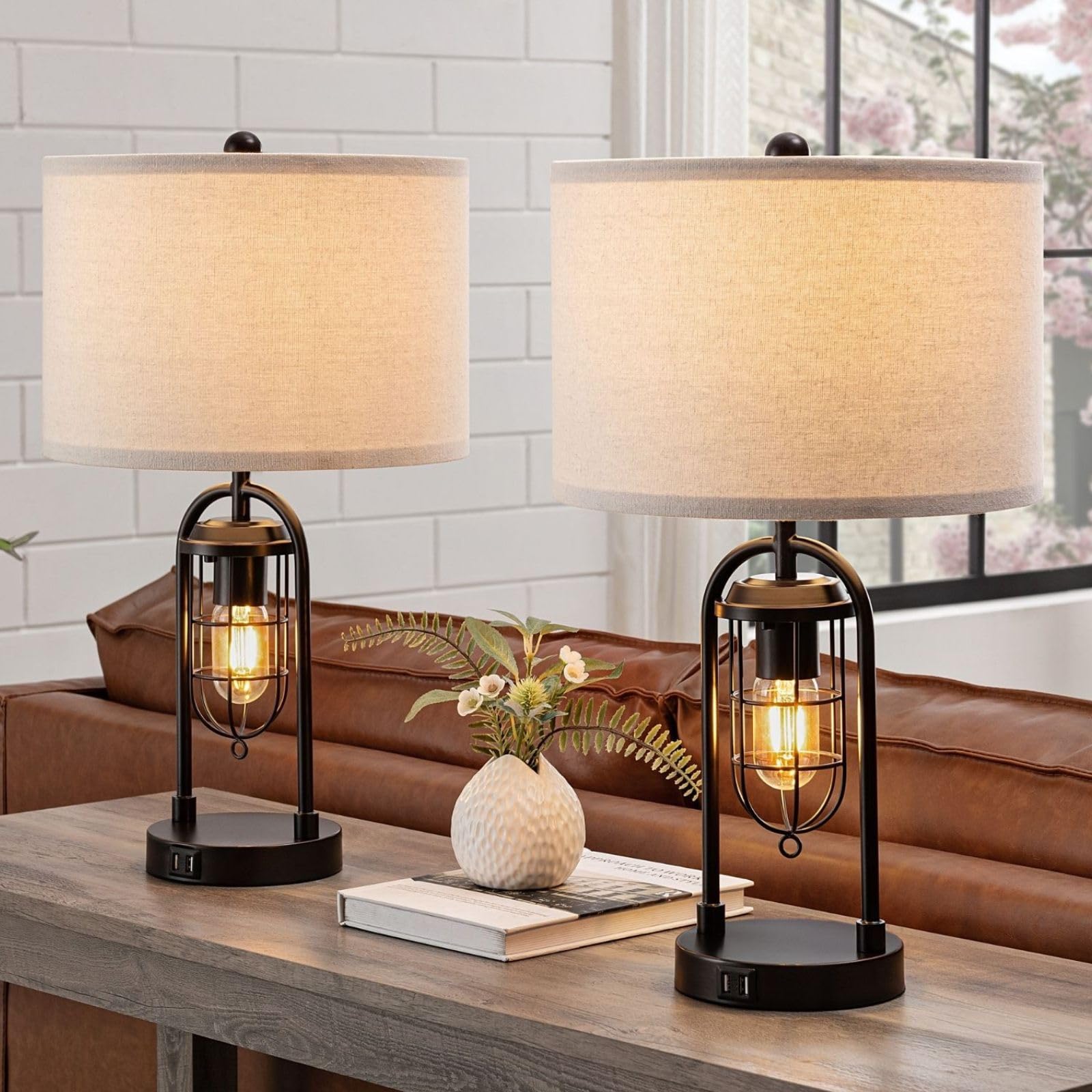 Kawoti Set Of 2 Farmhouse Table Lamps With Usb Ports And Night Light Modern Nightstand Lamp For Living Room Bedroom(Bulbs Included)