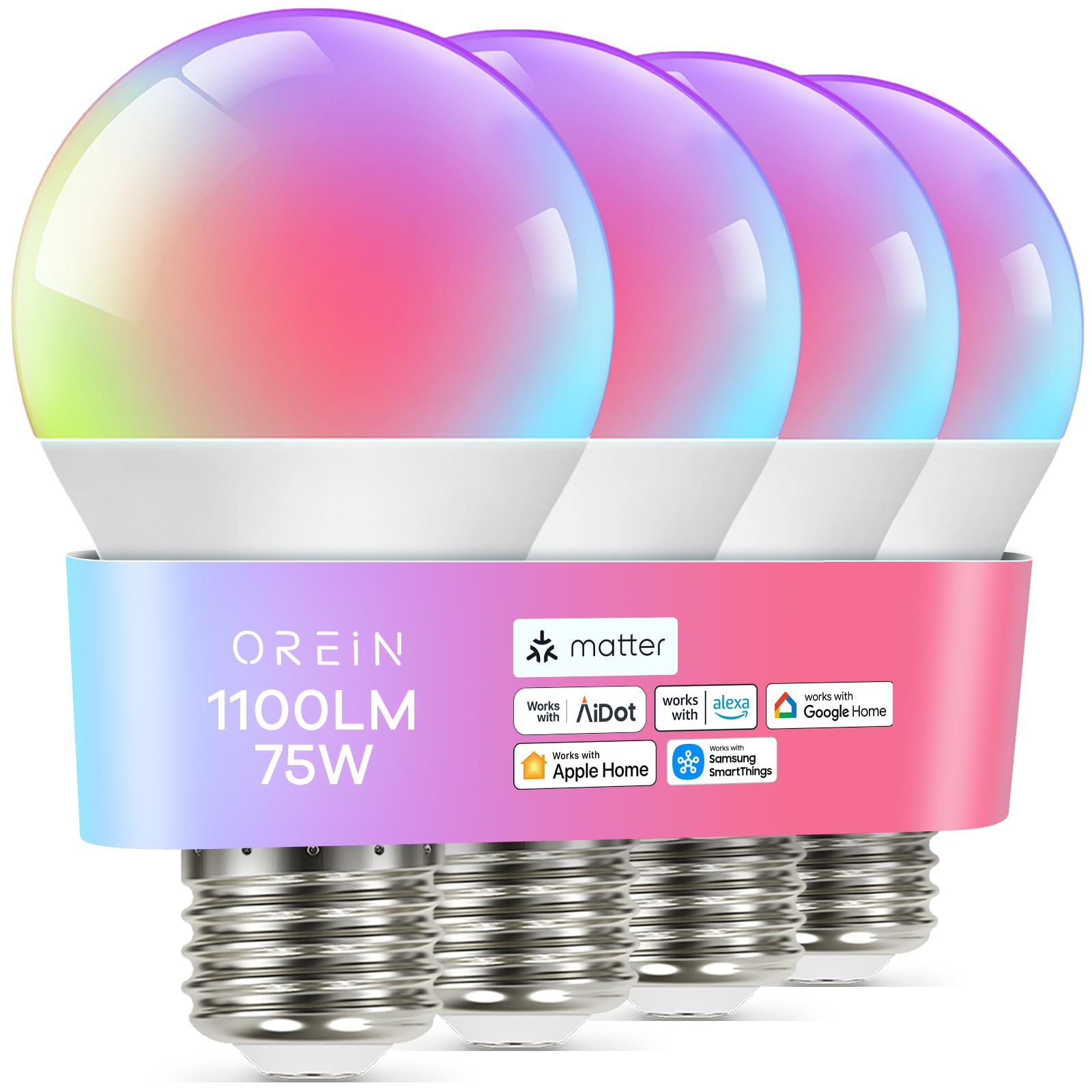 OREiN Smart Light Bulb, 1100 Lumens, A19 4-Pack, Multi-colored, WiFi Compatible with Apple Home, Alexa, Google Home