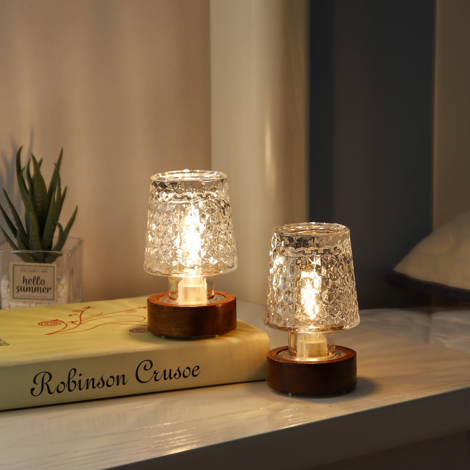 Gzwanhangmy Mini Soft Warm Led Night Light, Battery Operated Portable Glass Lamp With Timer, Art Deco Style, Crystal Color, For
