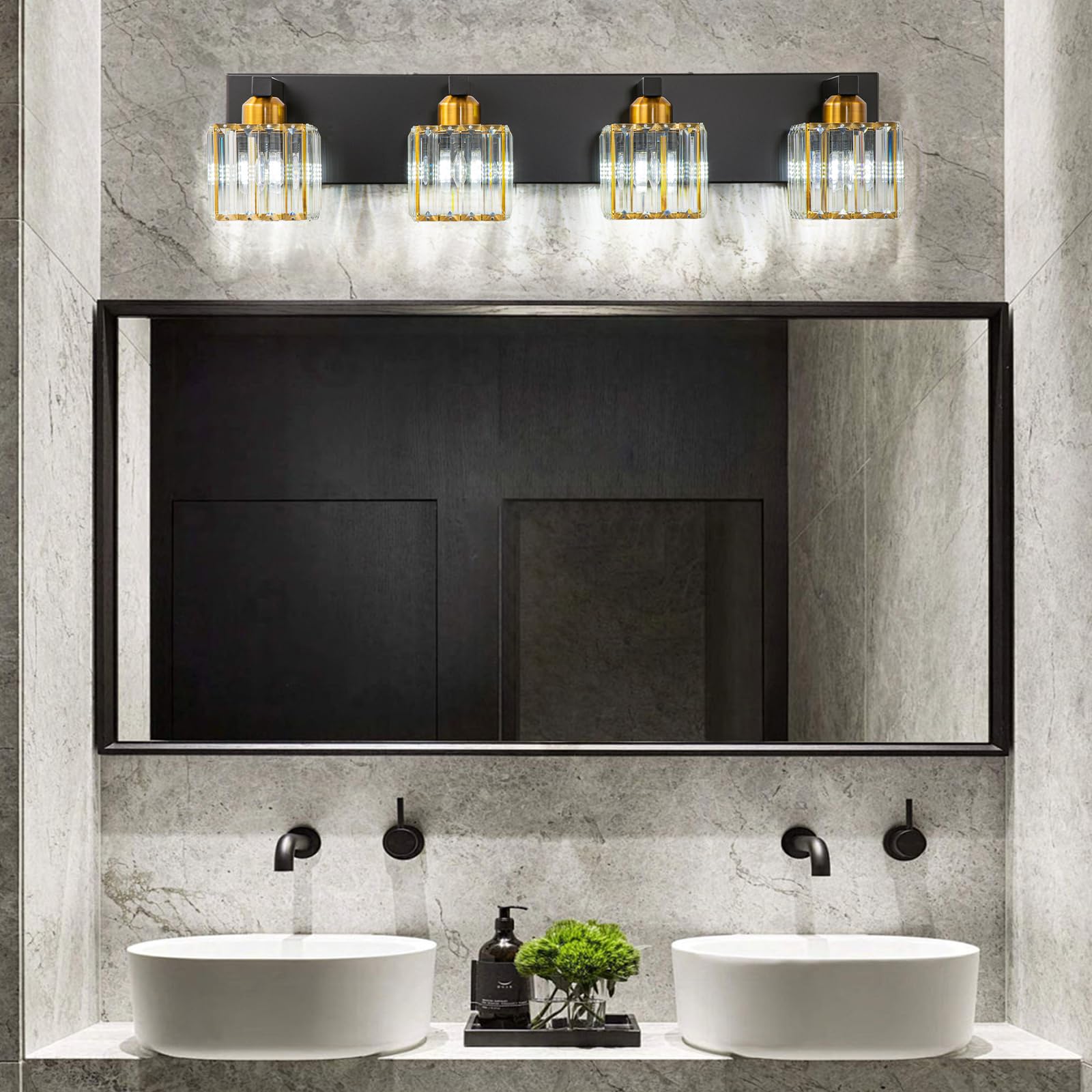 HUOKU Bathroom Vanity Light, 4-Lights, Black Gold Square Shade, Metal & Crystal, Model HUOKU-B01H35Z14G
