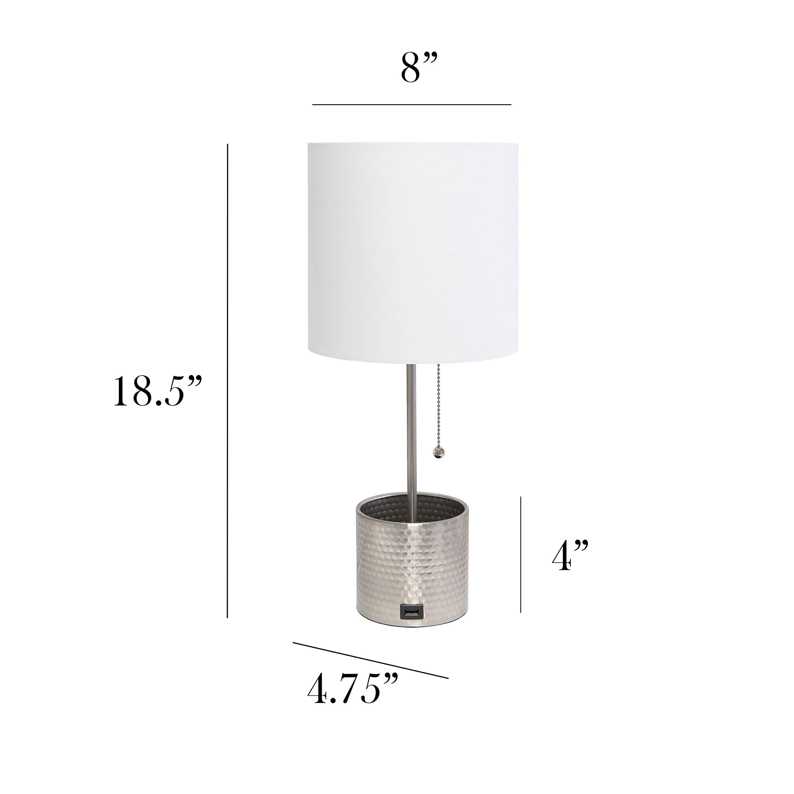 Simple Designs Lt1085-Bsn Hammered Metal Organizer Table Lamp With Usb Charging Port And Fabric Shade, Brushed Nickel