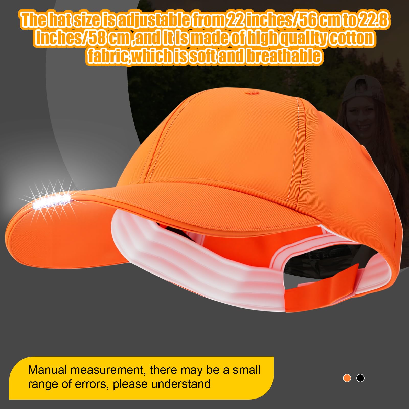 Syhood LED Baseball Caps with Built-in Light, 5 Battery-Powered Headlamp, Cotton, Black/Orange, for Fishing, Jogging, Camping