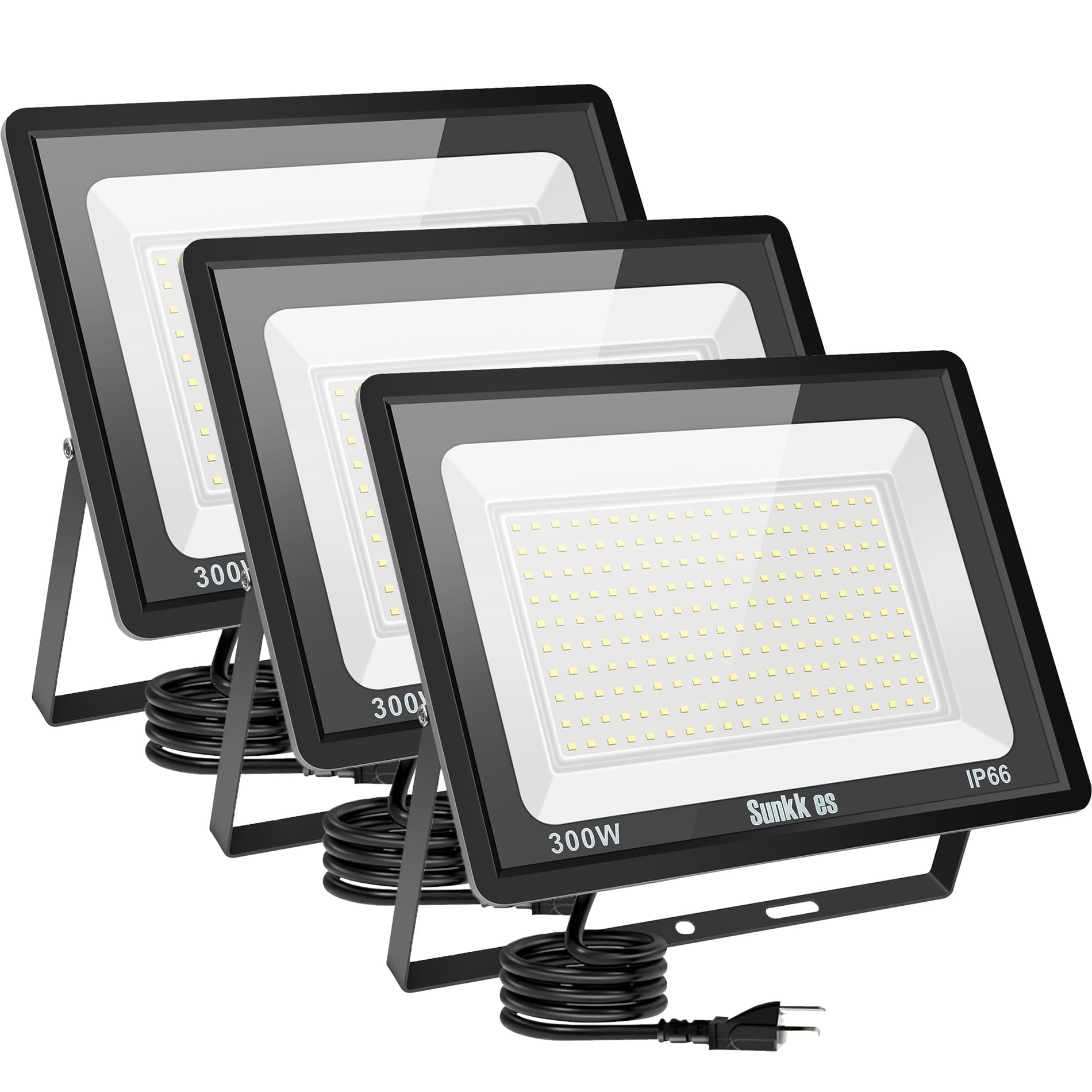 Sunkkes 3 Pack 300W LED Flood Light Outdoor  IP66 Waterproof with Plug  6000K Daylight White Security Lights Outside Lamp  Exterior Floodlights Lighting for Yard Garden Patio House Parking Lot