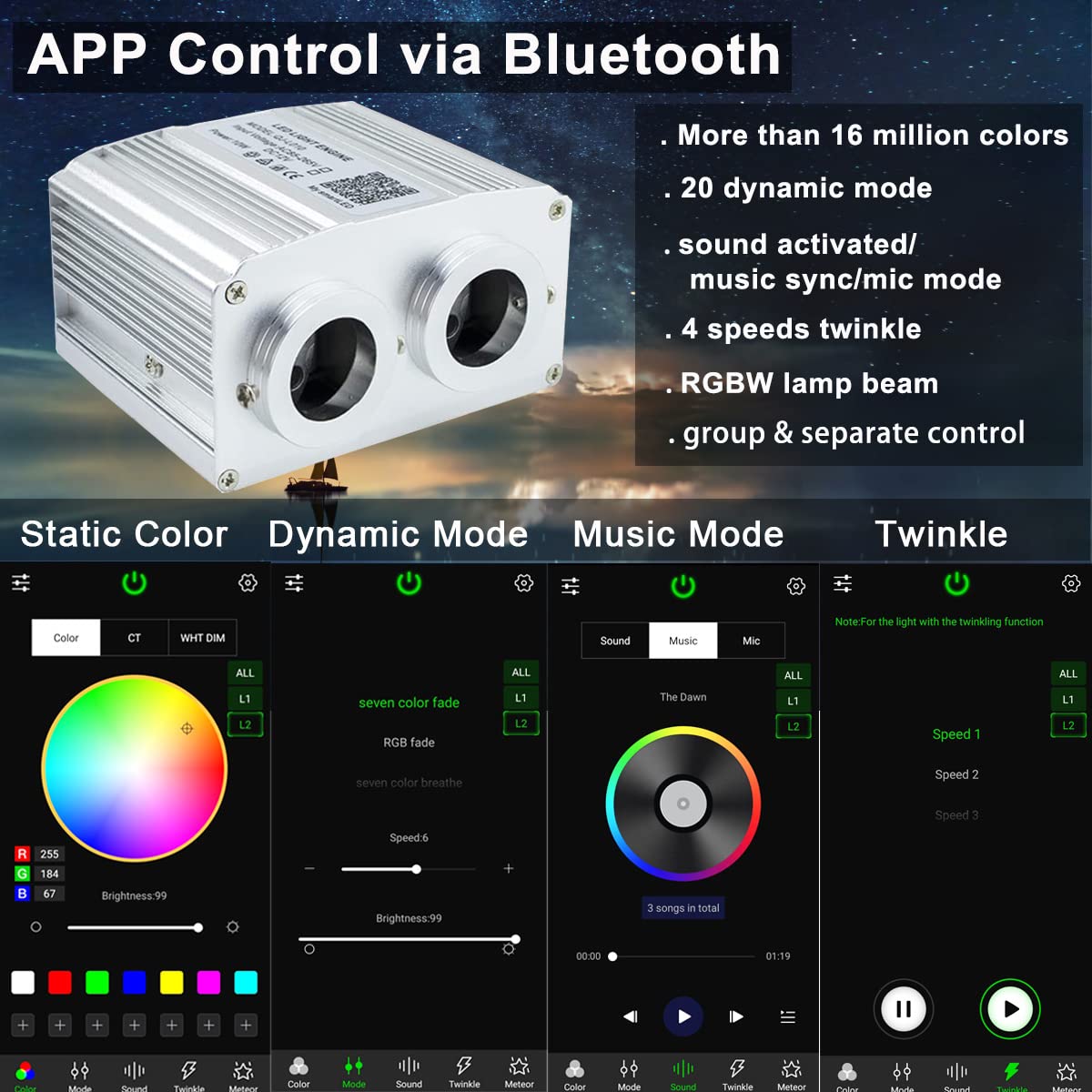 Azimom Dual Port 16W Twinkle Bluetooth Fiber Optic Lights Star Ceiling Light Kits 1100Pcs*0.03In*13.1Ft Fibers Strands Sound Act