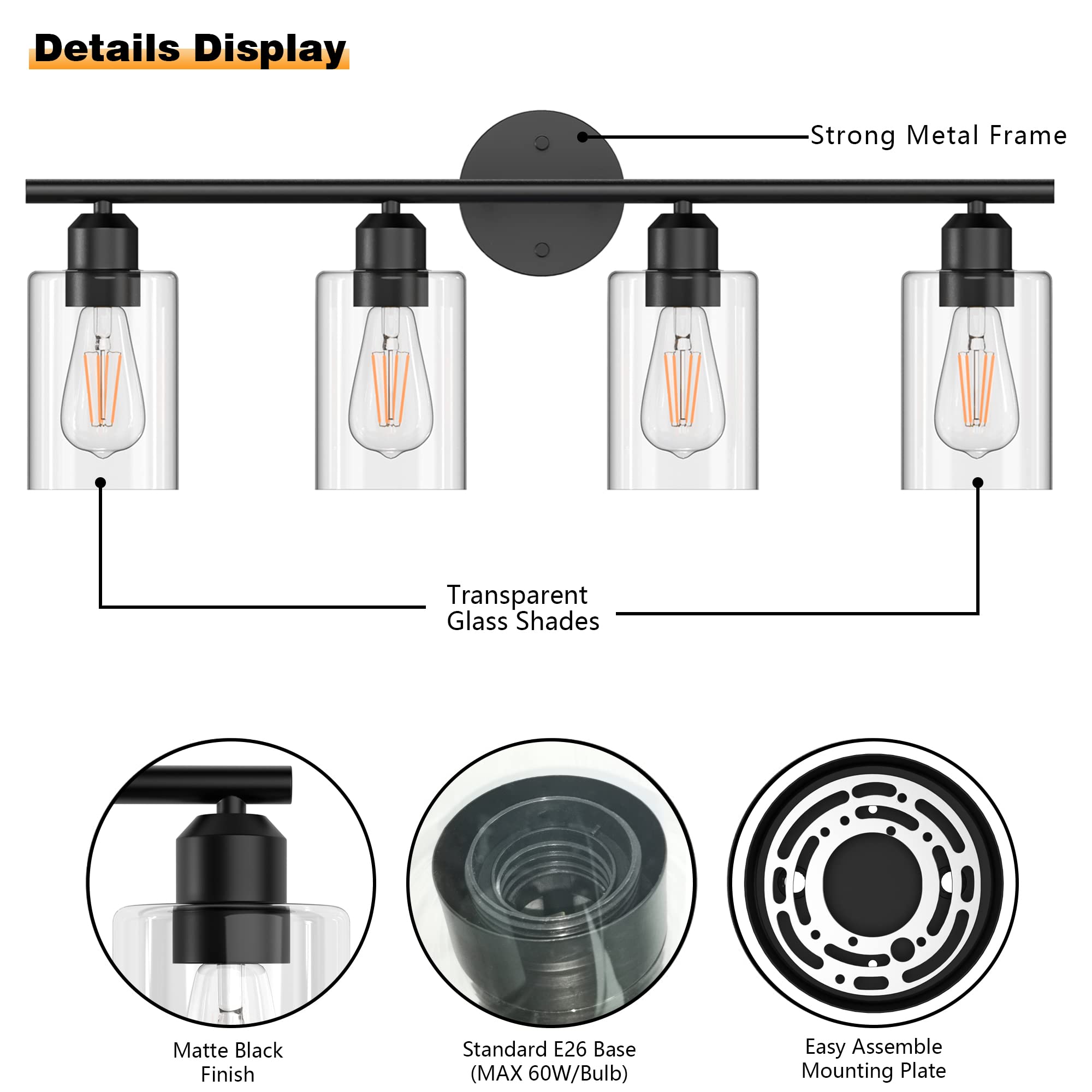 Espird Bathroom Vanity Light Fixture, 4 Light, Black, Rustic Farmhouse Style, Glass Shade