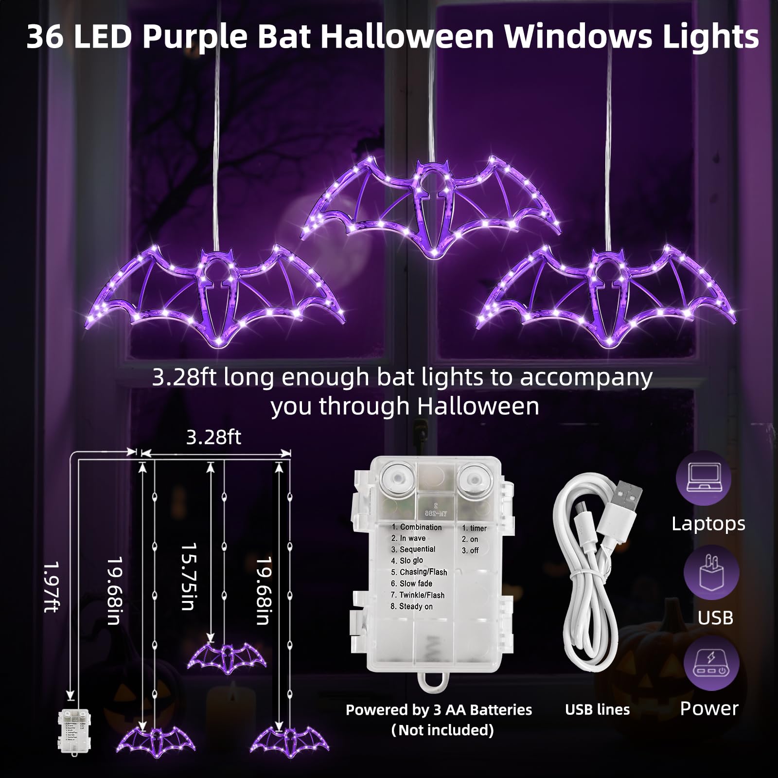 Hopolon Halloween Decorations Lights 2Ft 36Led Halloween Purple Bat Windows Lights Battery/Usb Operated String Light  Ip44 Waterproof  8Mode&Timer For Indoor Outdoor Holiday Home Party Decor(4Hooks)