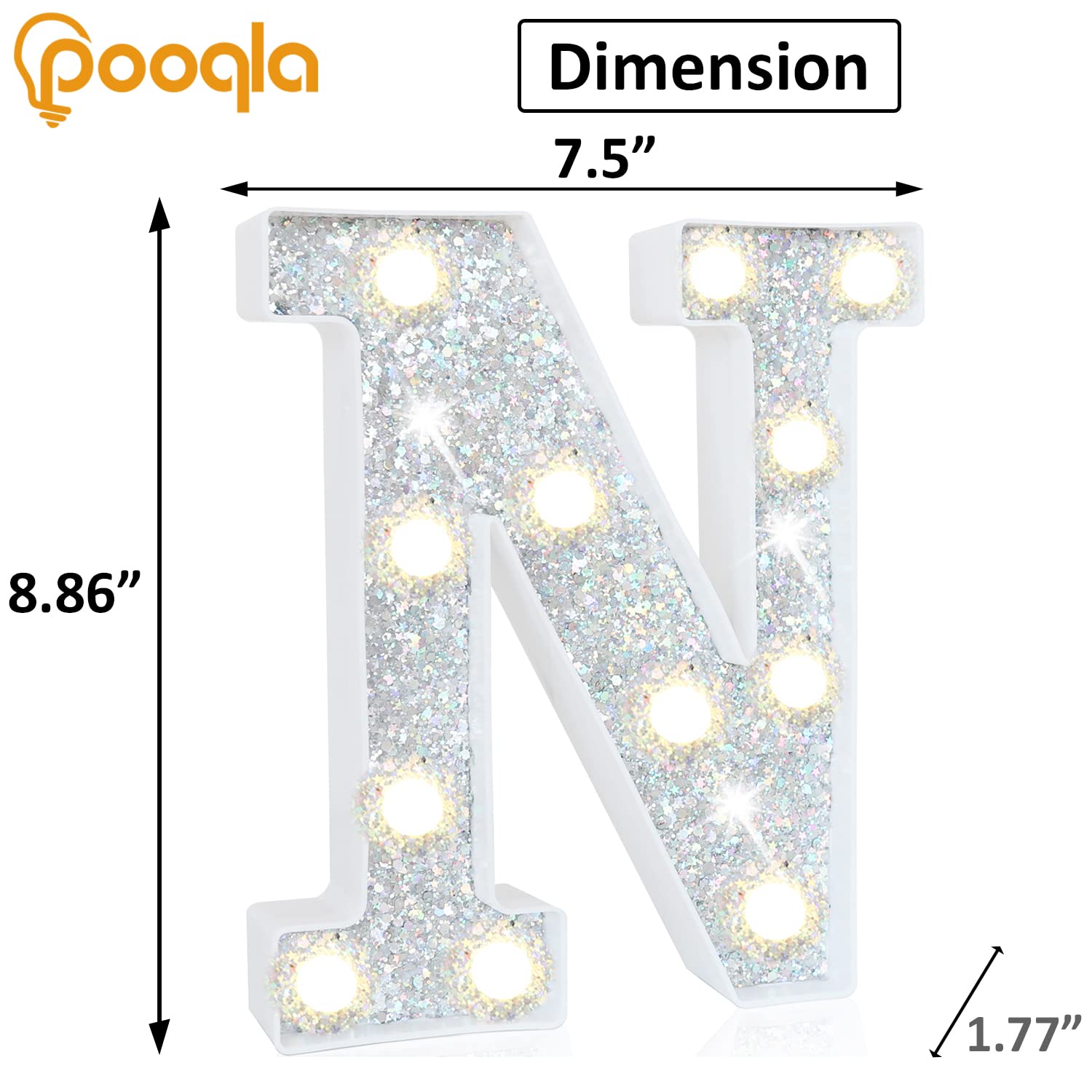 Pooqla LED Marquee Letter Lights, Silver Glitter N, Battery Powered Plastic Night Light for Parties and Home Decor