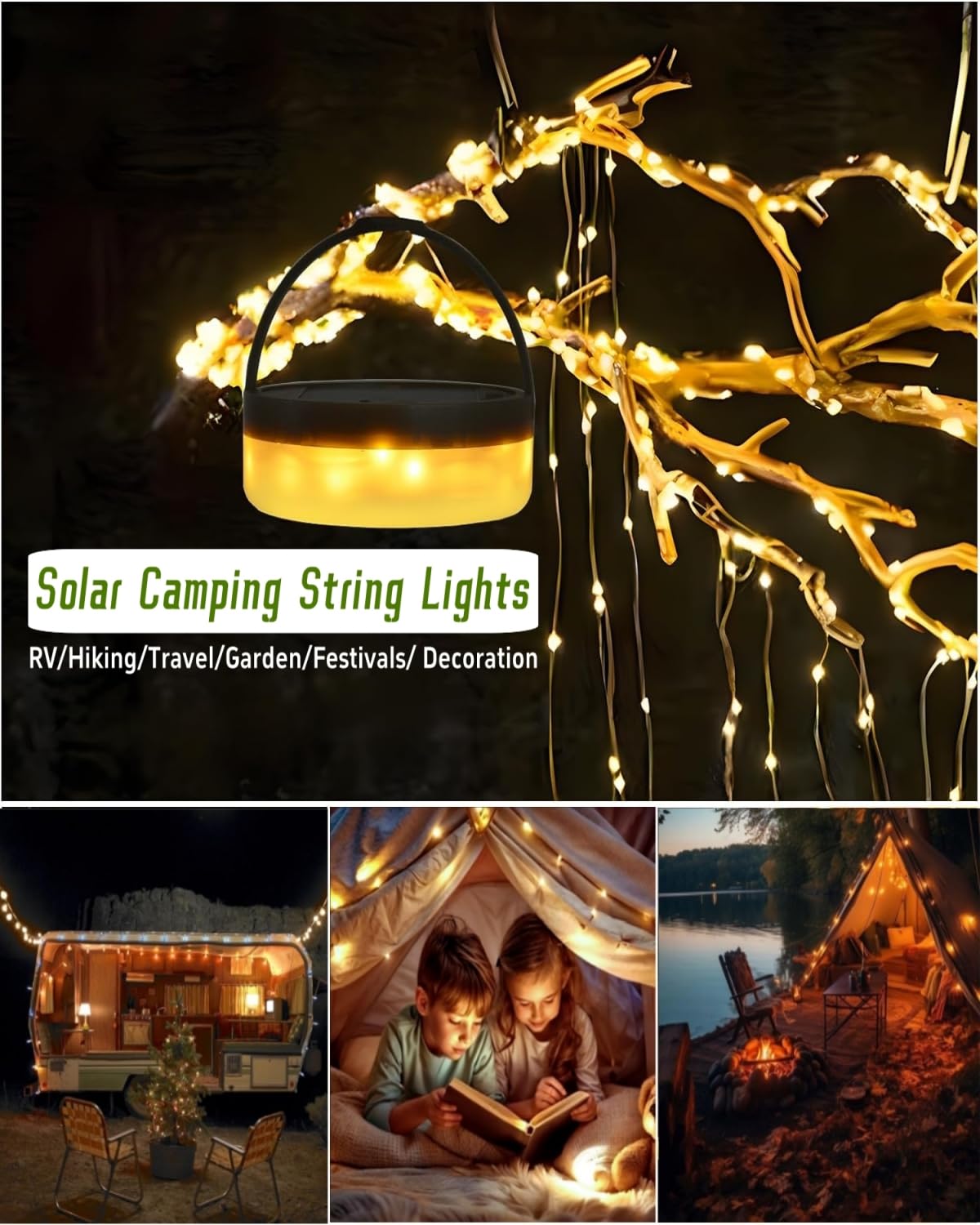 Tuopulife Solar Camping String Lights, 32.8Ft Fairy String Lights 130Leds, Portable Waterproof Camping Lamp With 8 Lighting Mode
