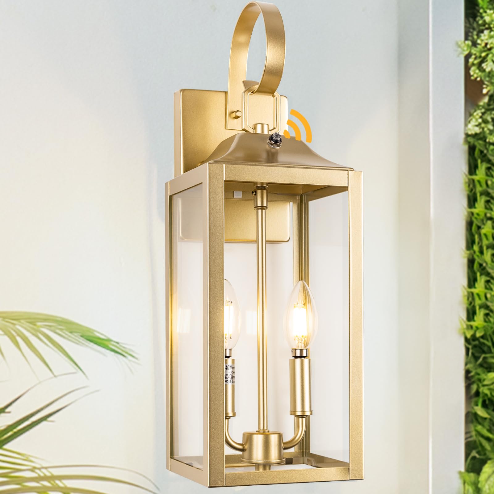 Yolsunes Gold Dusk to Dawn Outdoor Wall Lantern 2-Light, 19'' Large Outside Modern Wall Sconce Light Fixture, Industrial Porch L