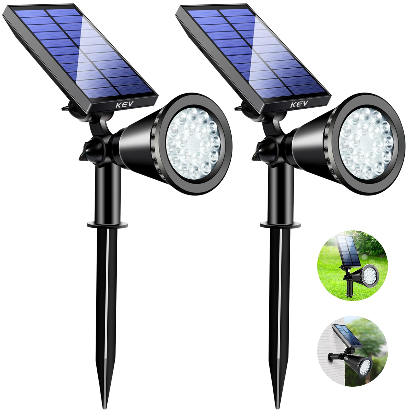 KEV Solar Spot Lights, 800 Lumens, 18 LEDs, IPX65 Waterproof, Adjustable, Cool White, 2 Pack